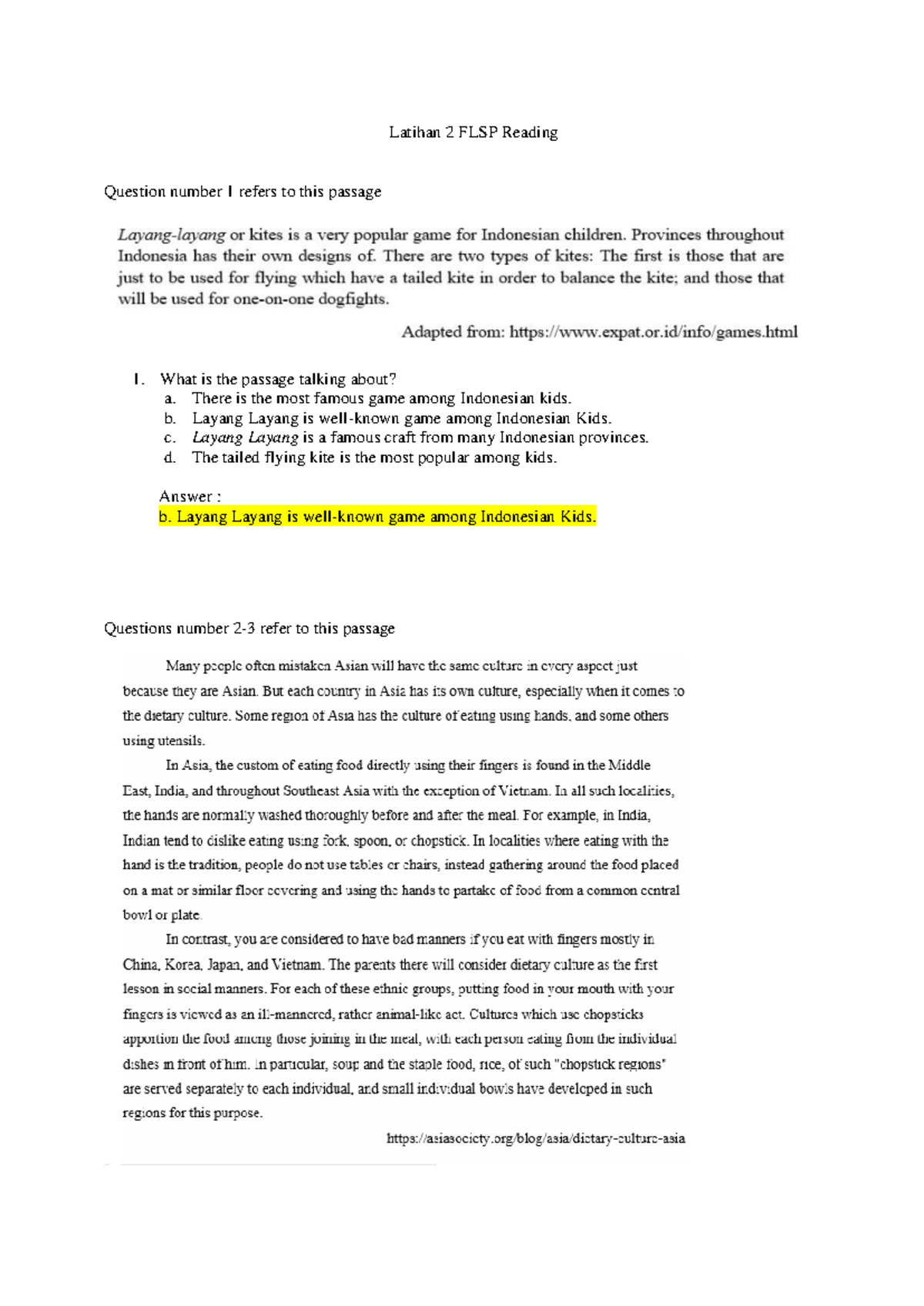 Latihan 2 FLSP Reading Exercises on Indonesian Culture and Traditions ...