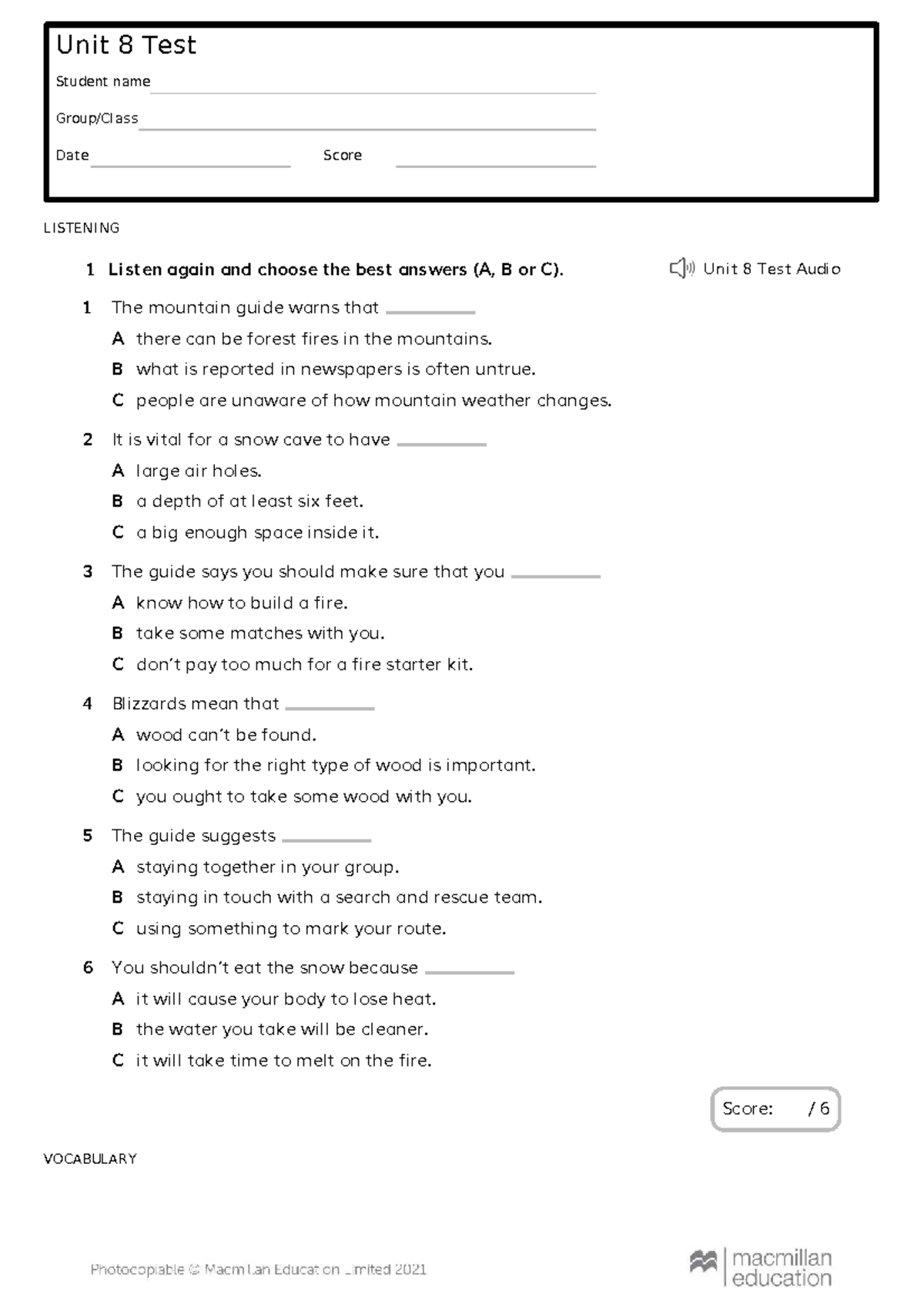 Unit 8 Listening & Vocabulary Test - Student Assessment - Studocu