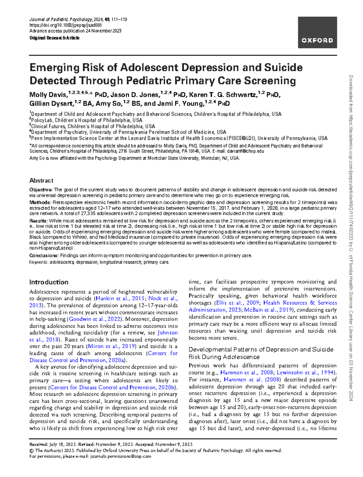 Emerging risk of adolescent depression and suicide in pediatric care ...