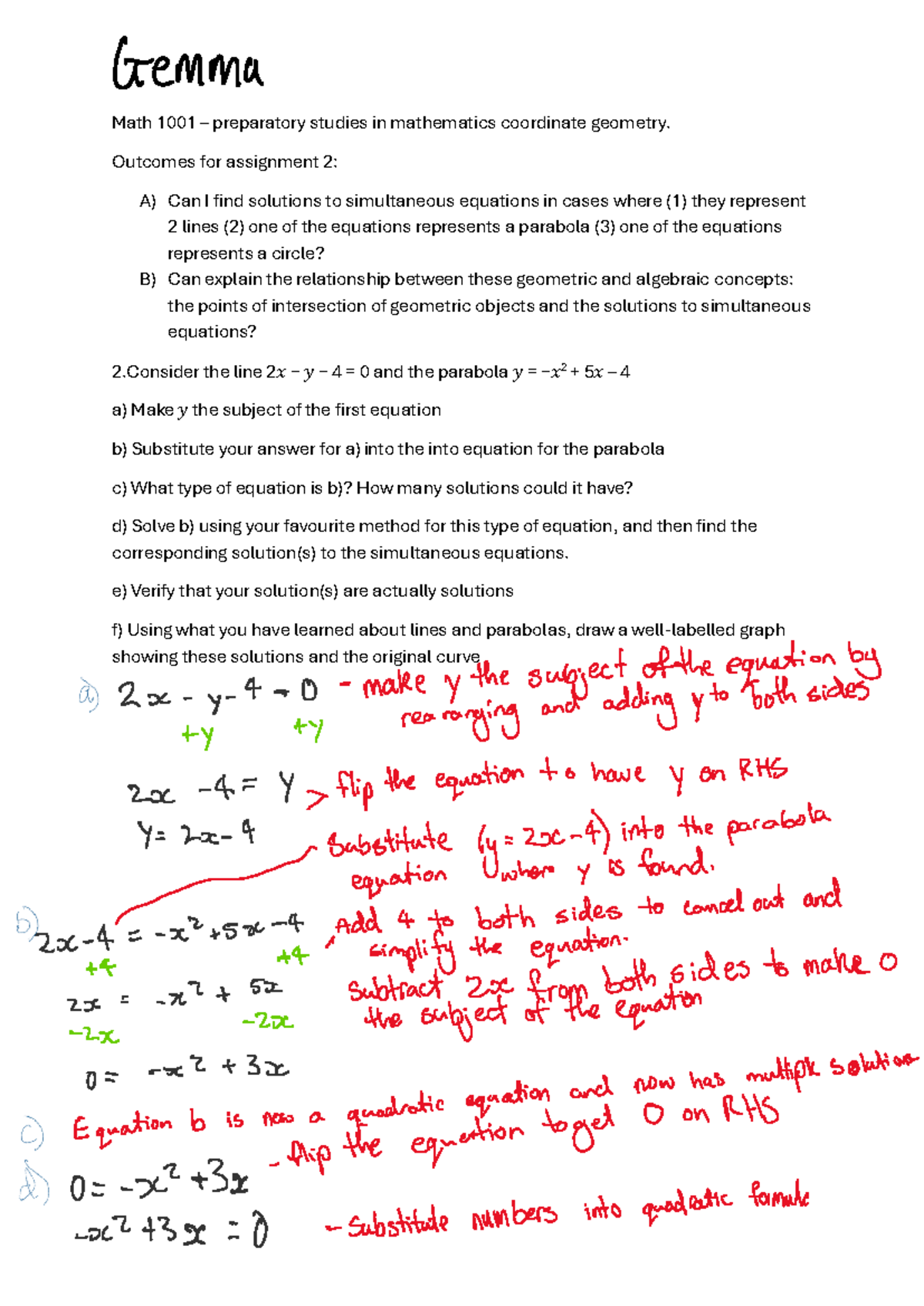 Math 1001 - Coord Geometry Assignment 2: Solutions of Simultaneous ...