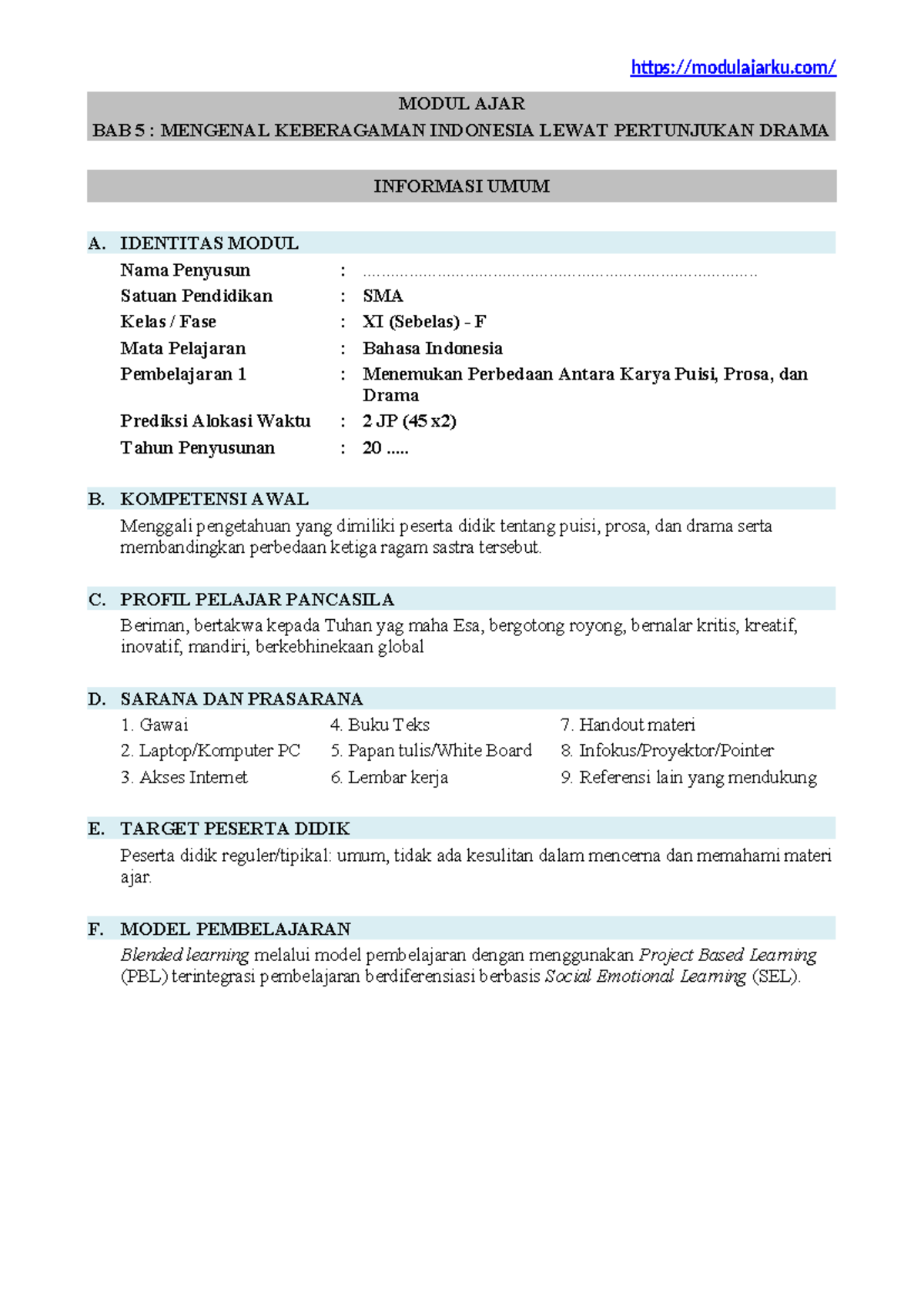 Modul Ajar Kelas XI F Bahasa Indonesia: Bab 5 - Keberagaman Indonesia Melalui - Document Preview