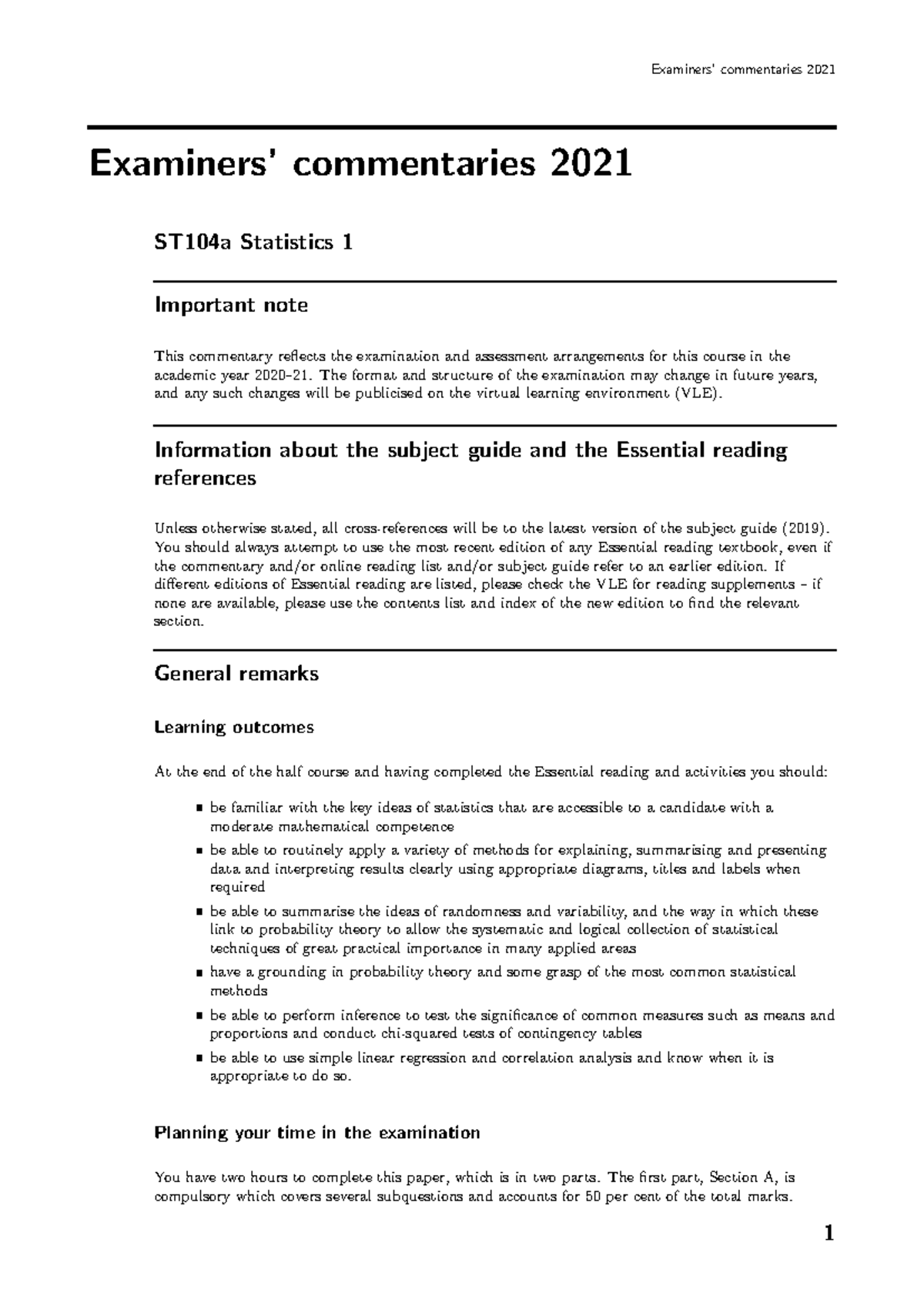ST104a Commentary 2021 - Examiners’ commentaries 2021 Examiners ...