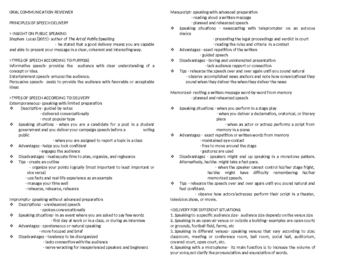 ORAL- Communication- Final Exam Reviewer on Speech Delivery Techniques ...