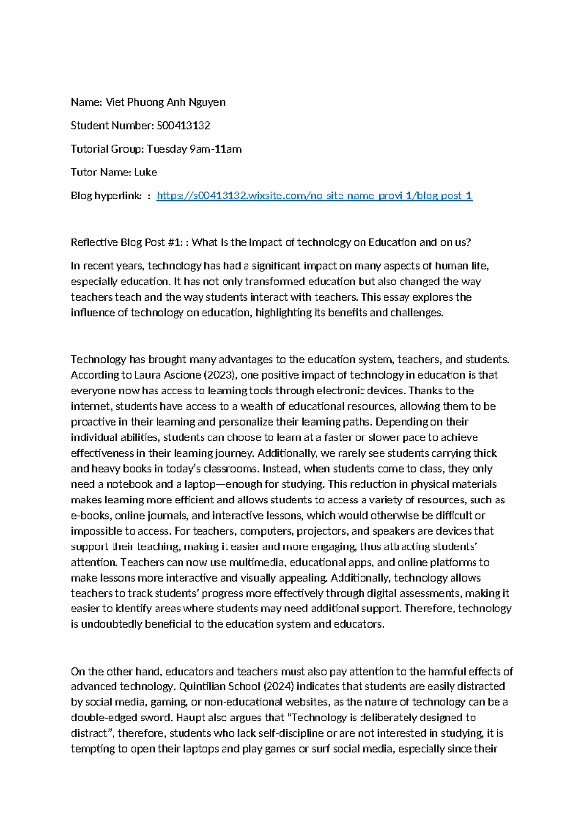 EDES104 Reflective Blog Post: The Impact of Technology on Education ...