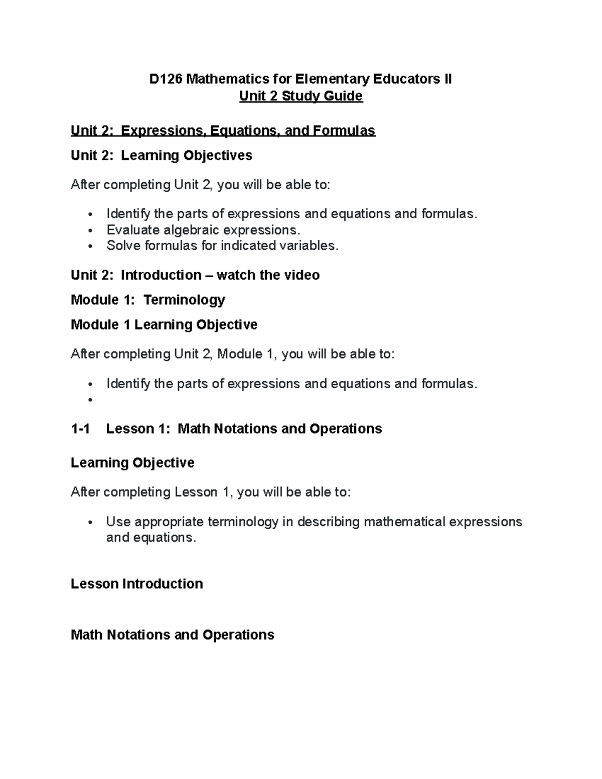 D126 Unit 2 Study Guide: Expressions, Equations, and Formulas - Studocu
