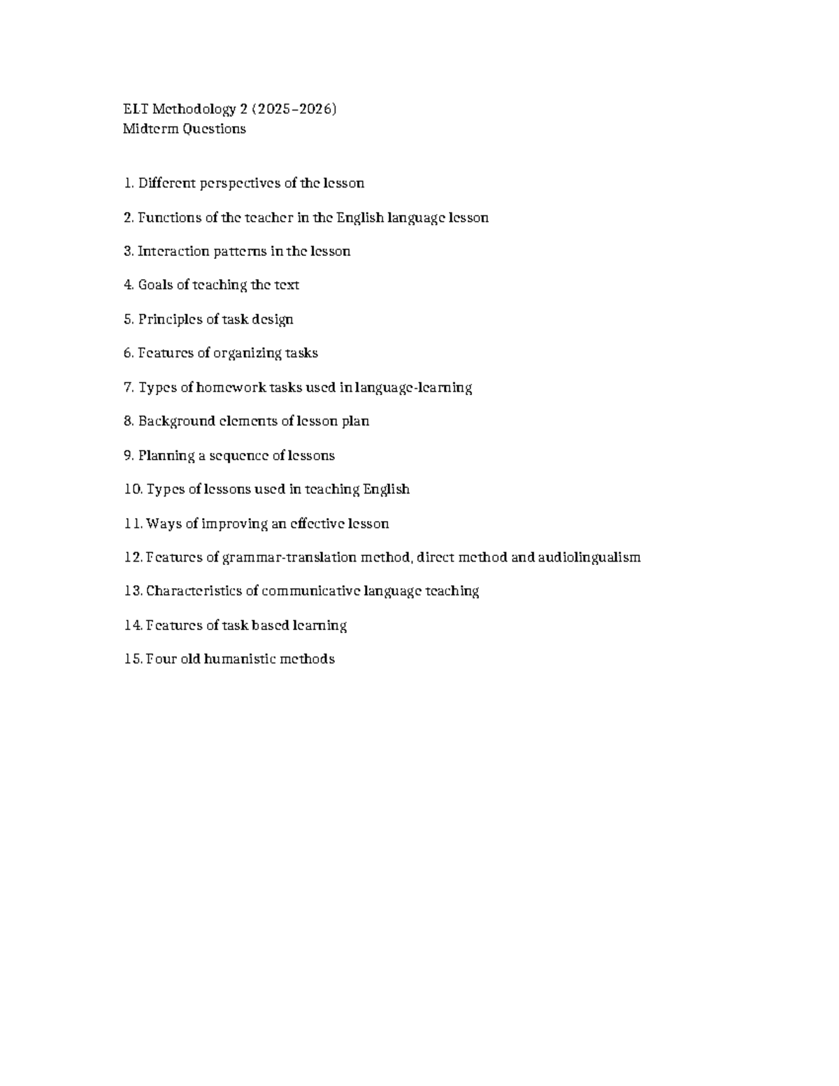 ELT Methodology 2 Midterm Exam Questions and Key Concepts - Studocu