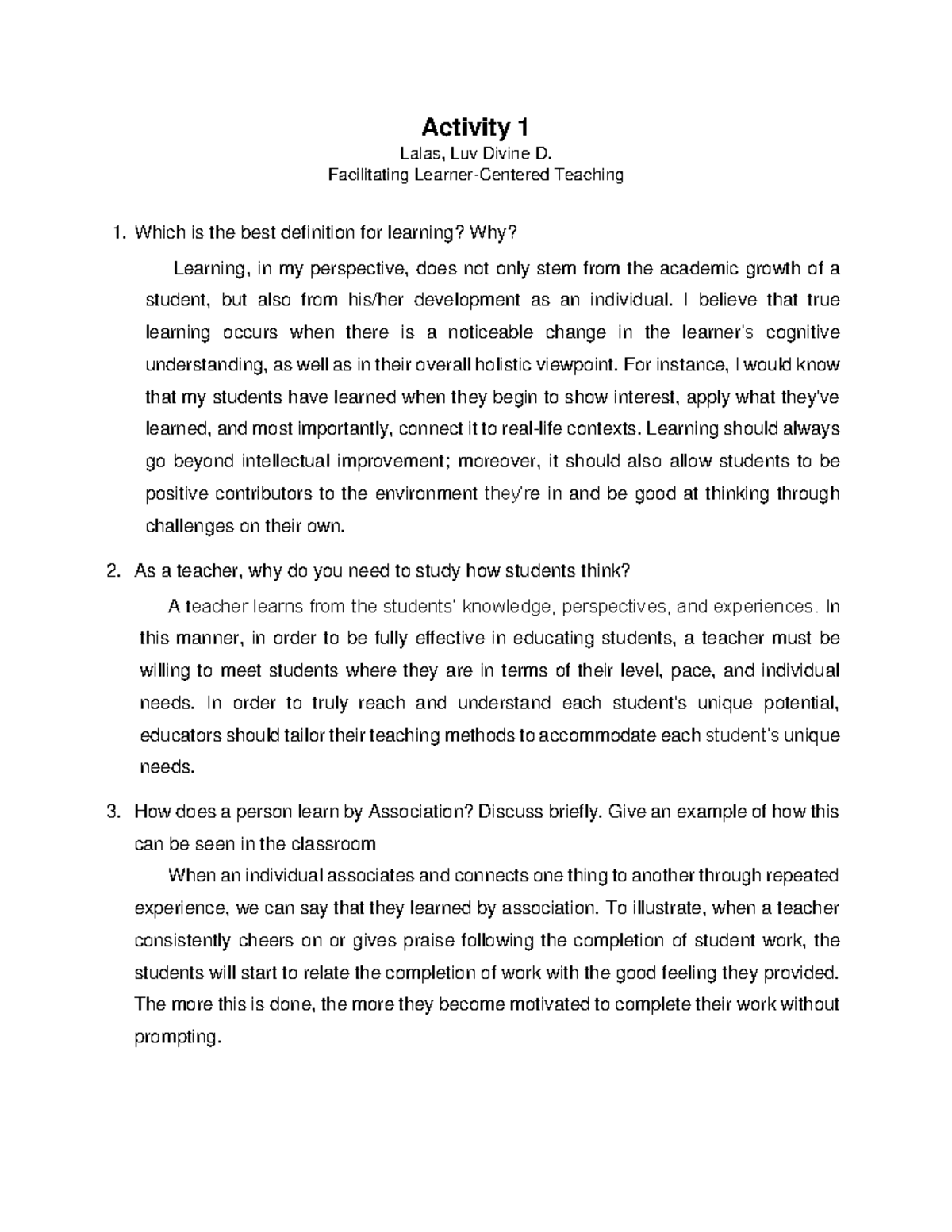 Facilitating Teaching 1: Activity 1 Insights on Learning and ...