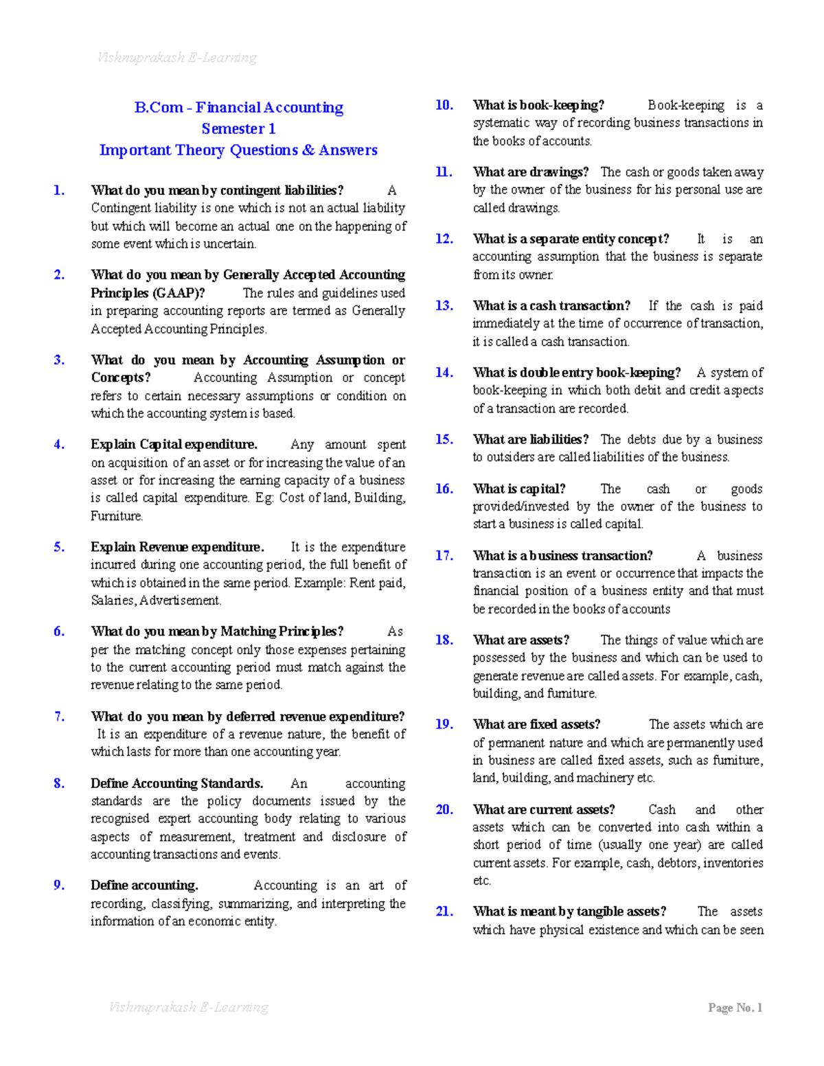 B.Com - Financial Accounting Semester 1: Key Q&A Insights - Studocu