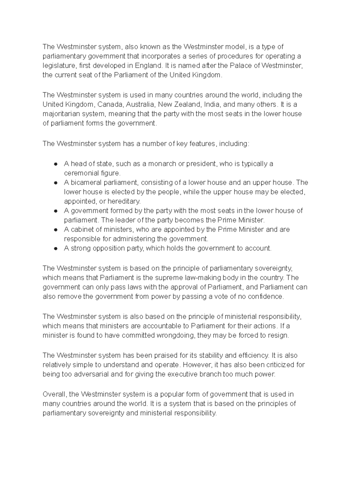 West minister model government - The Westminster system, also known as ...