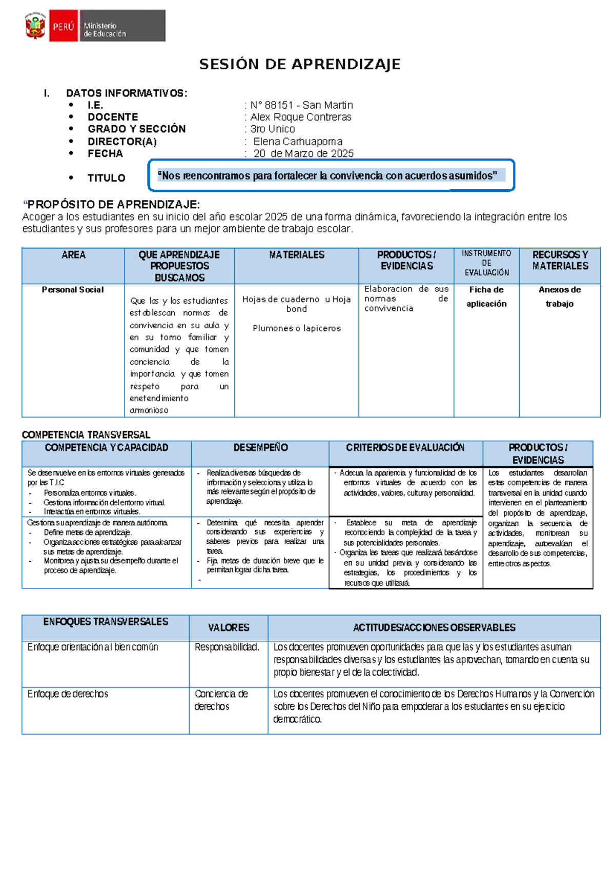 Sesión de Aprendizaje I: Normas de Convivencia en el Aula - I.E. 88151 ...