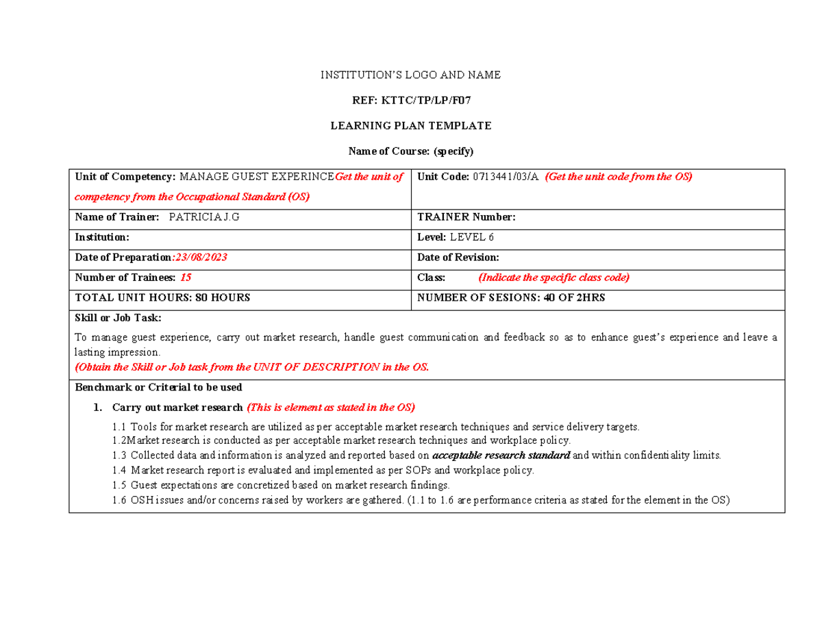 2.1 Learning Plan Sample - INSTITUTION’S LOGO AND NAME REF: KTTC/TP/LP ...
