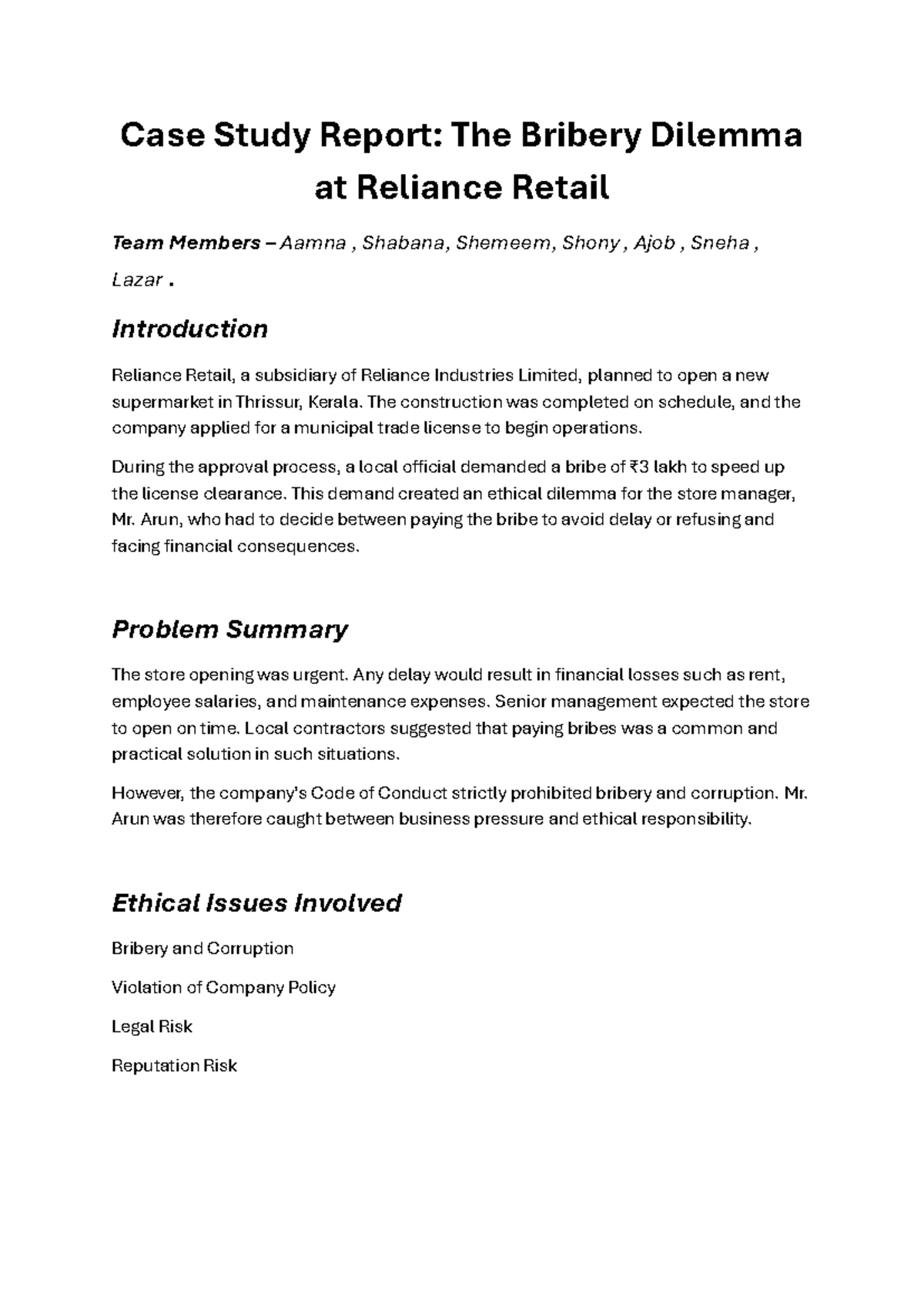 Case Study: The Bribery Dilemma at Reliance Retail - Studocu