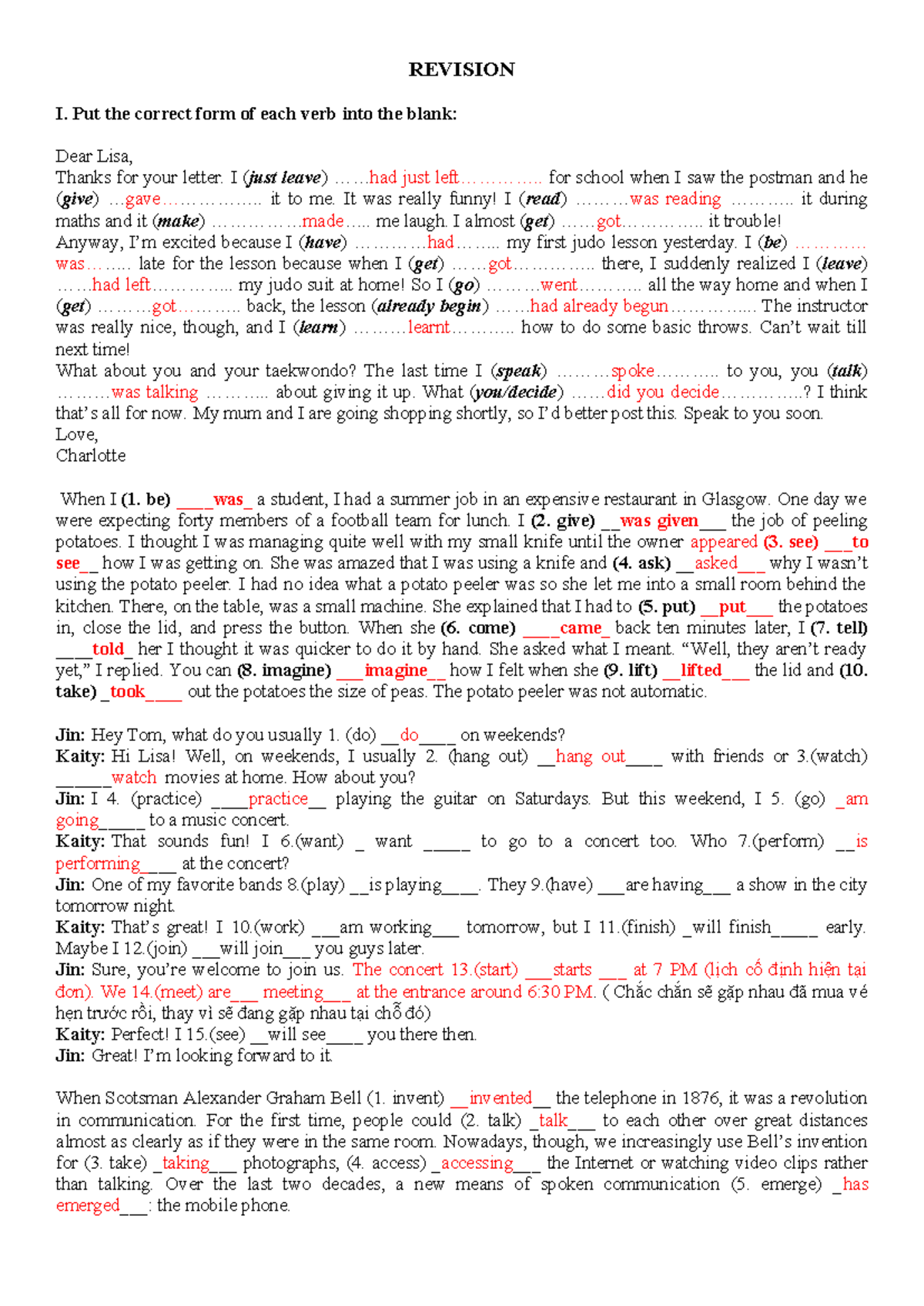 Revision I: Verb Forms and Sentence Structure Exercises - Studocu