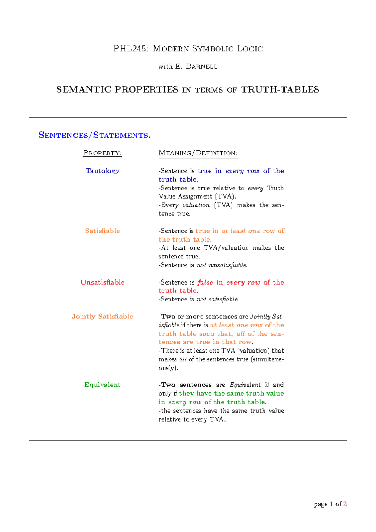 PHL245: Semantic Properties of Truth Tables in Modern Symbolic Logic ...