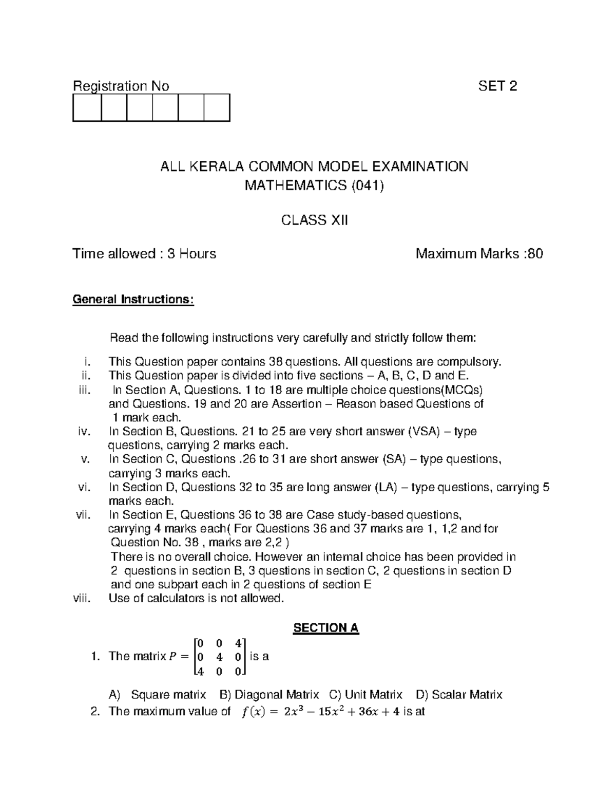 SET 2 Class 12 Maths Model Exam Paper Analysis and Solutions - Studocu