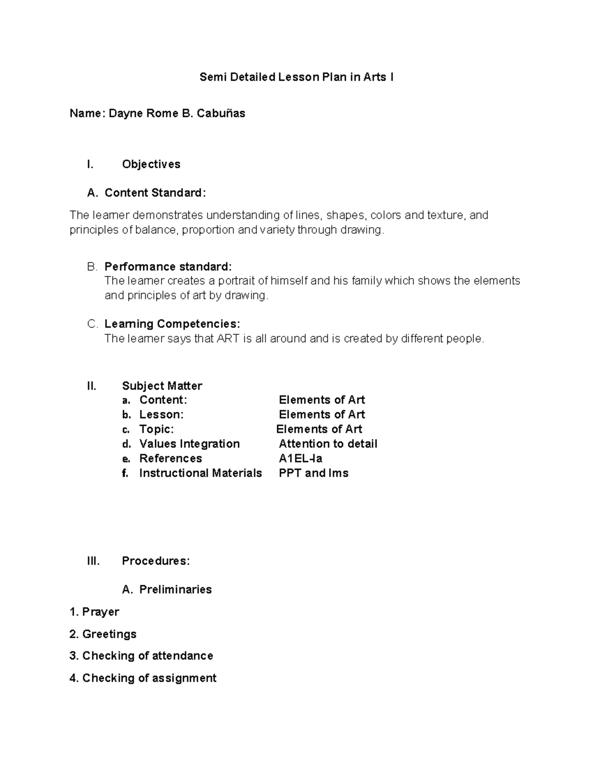 Arts I Semi-Detailed Lesson Plan: Elements of Art Overview - Studocu