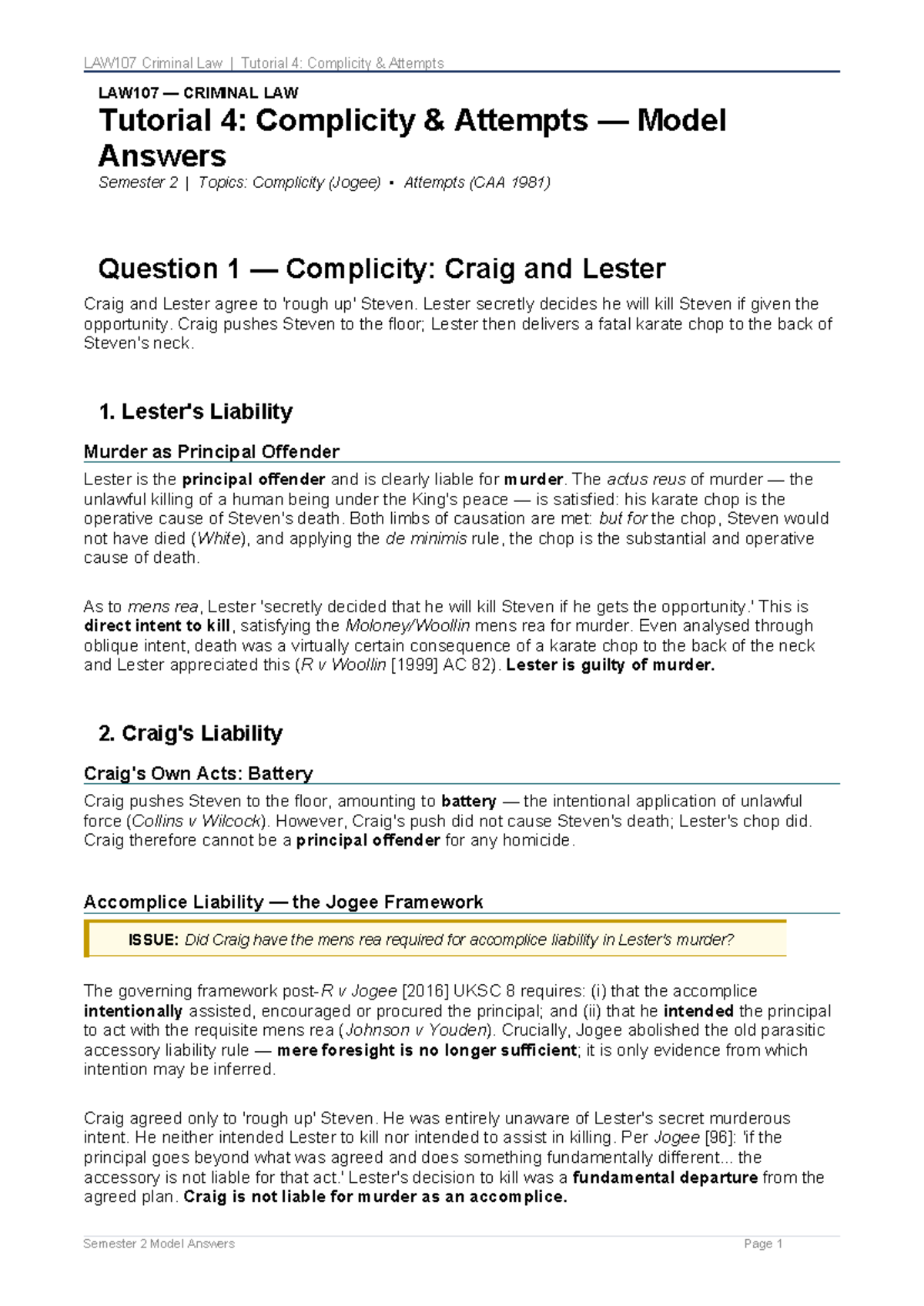 LAW107 Criminal Law Tutorial 4: Complicity and Attempts Model Answers ...
