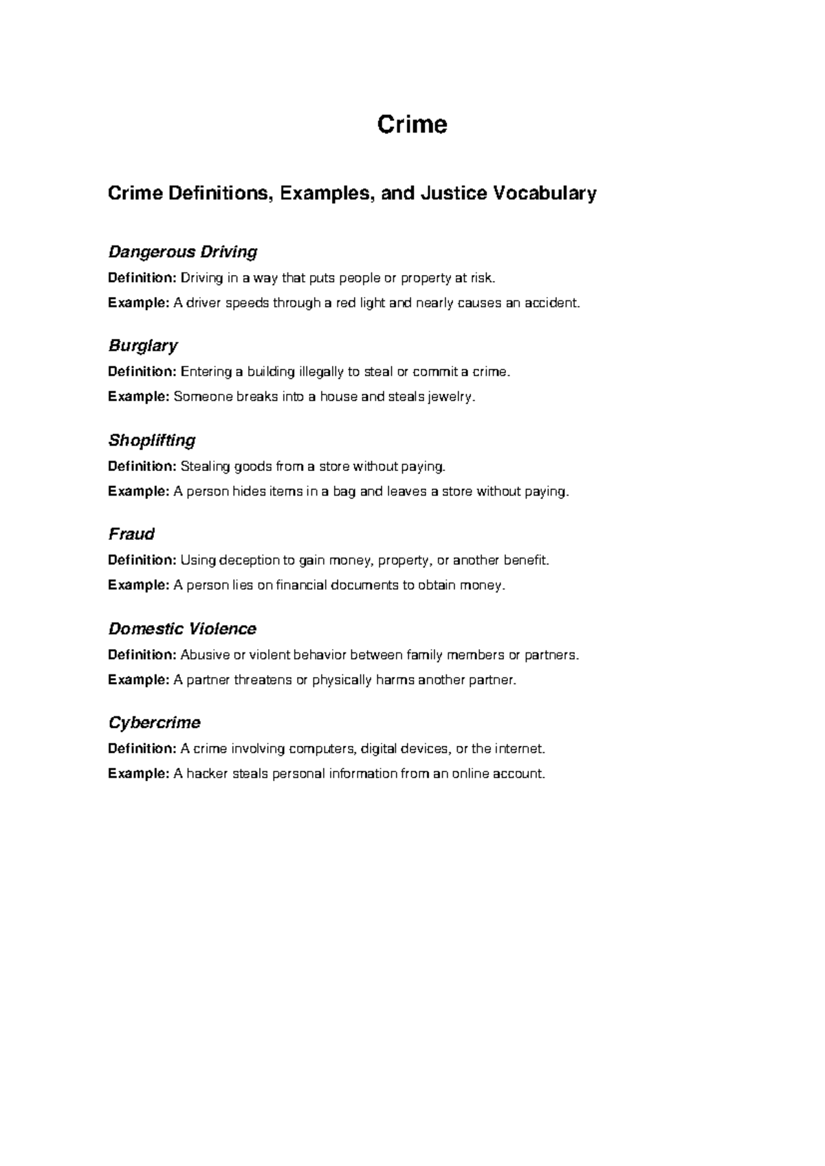 Crime Definitions and Examples: Key Vocabulary for Justice - Studocu