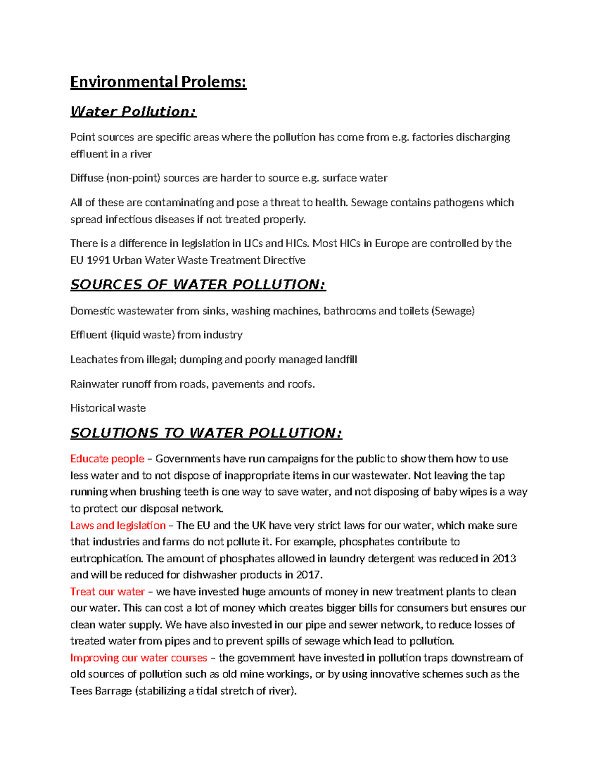 Human Geography Catch Up Notes - Environmental Prolems: Water Pollution ...