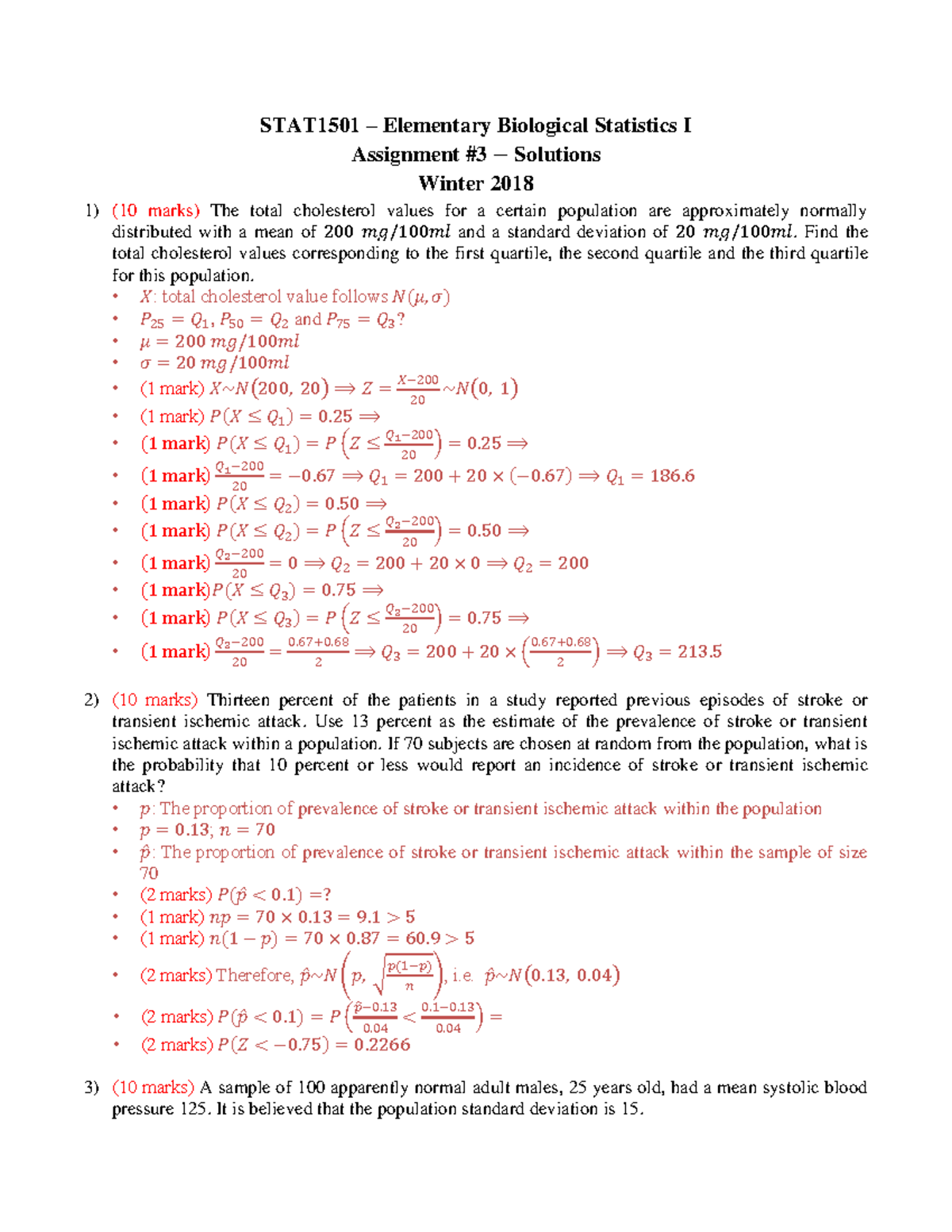 STAT1501 Assignment 3 Solutions W18 - STAT1501 – Elementary Biological ...