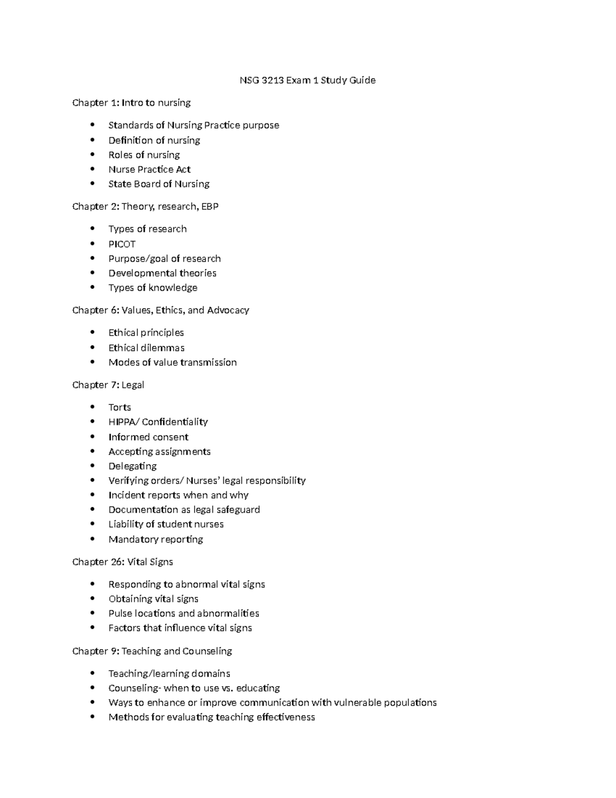 NSG3213 Exam 1 Comprehensive Study Guide for Nursing Principles - Studocu
