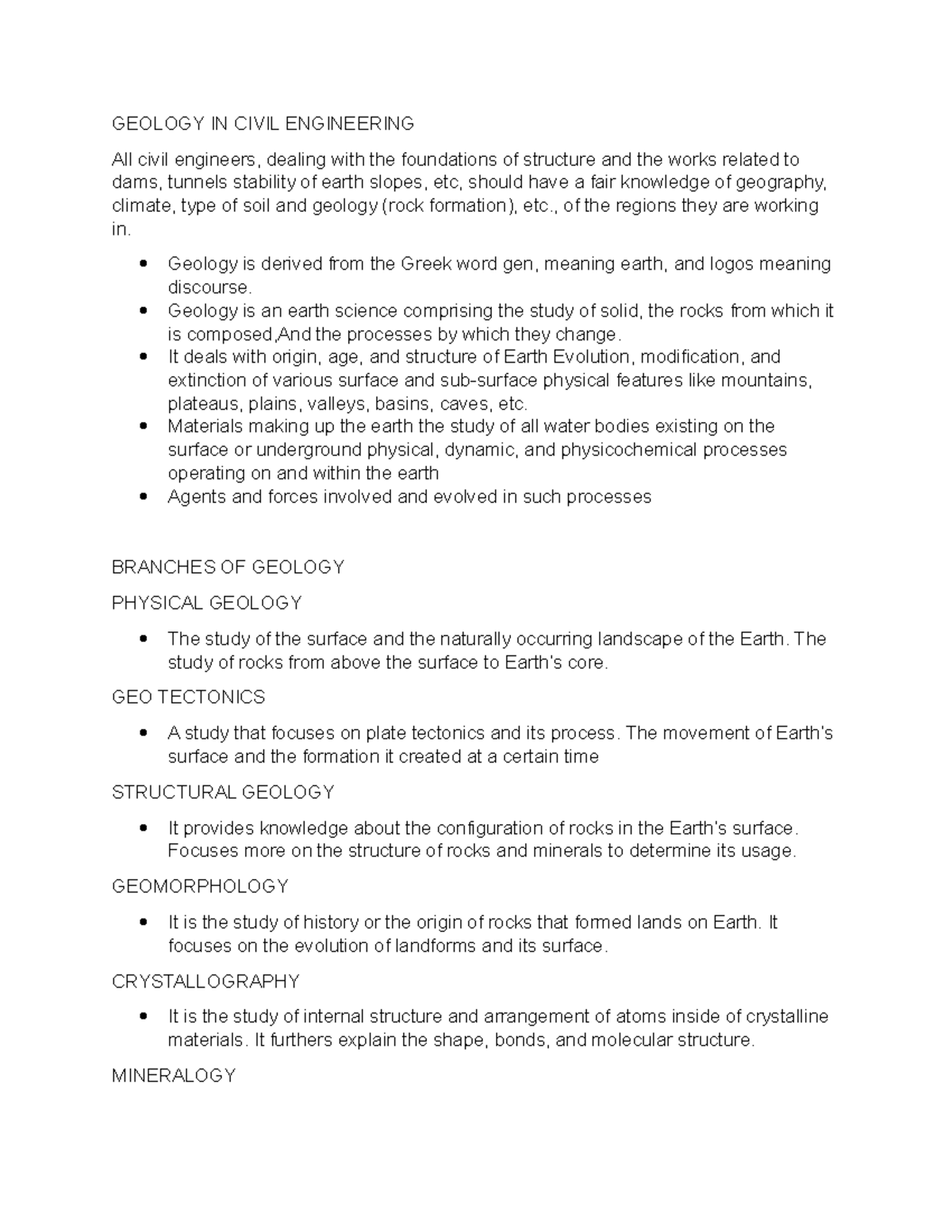 GEO 101: Geology Lecture Notes on Civil Engineering Applications - Studocu