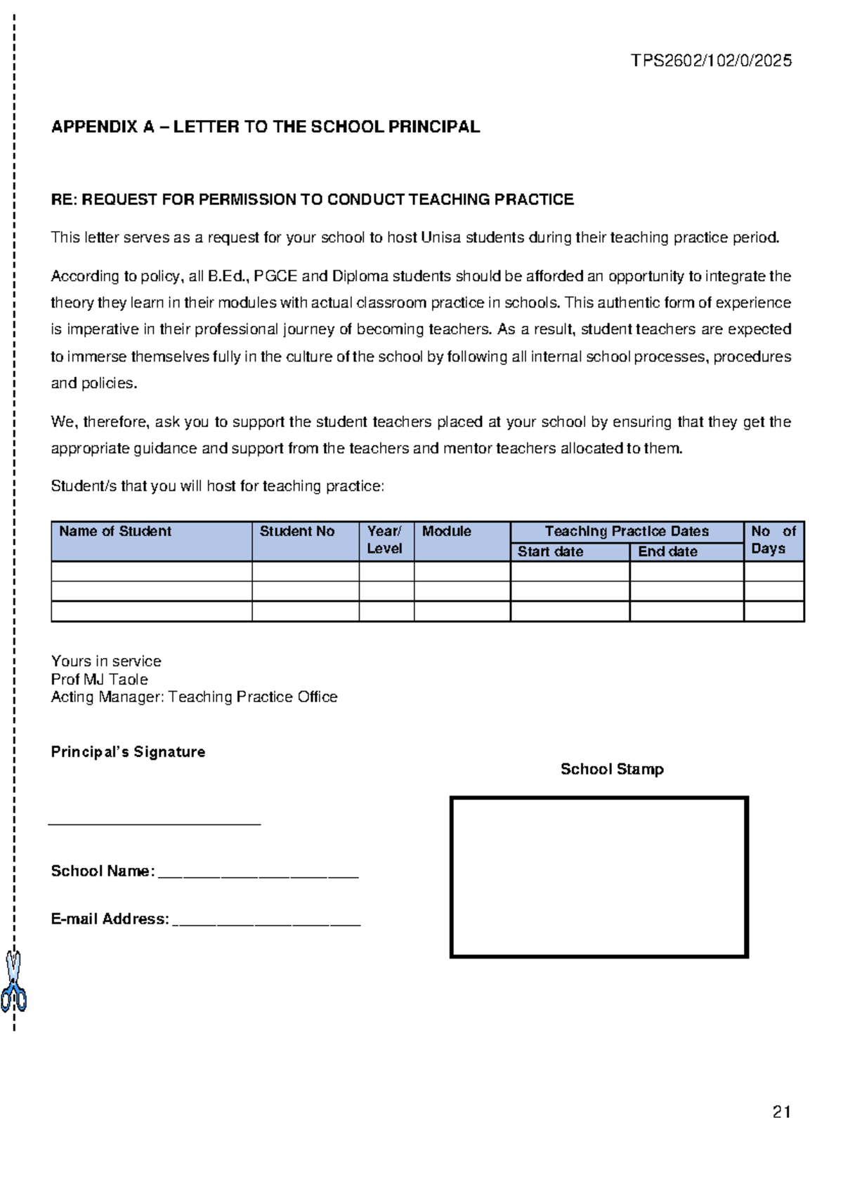 APPENDIX A: REQUEST FOR TEACHING PRACTICE PERMISSION (B.Ed. & PGCE ...