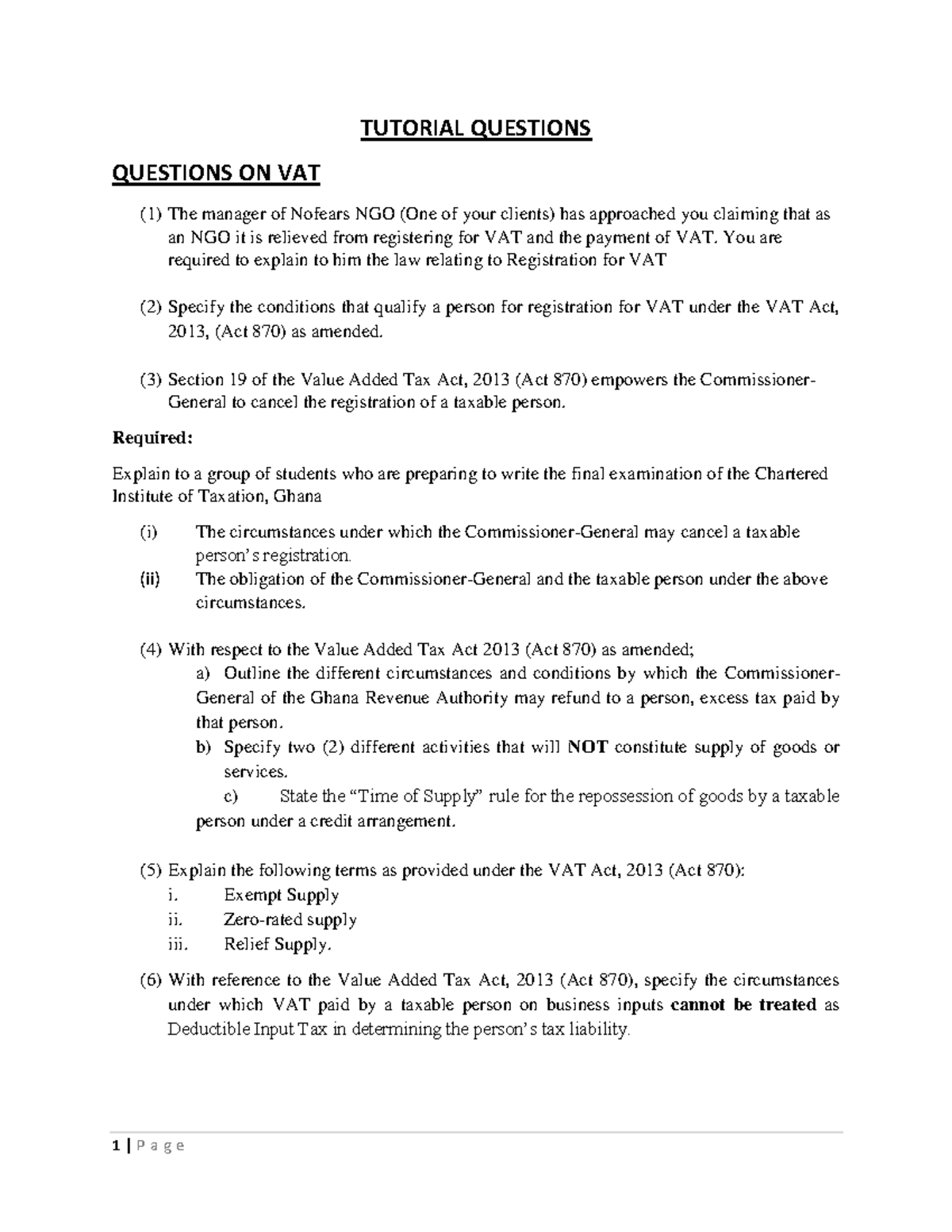 Tutorial Questions on Indirect Taxation (VAT) for Final Exam - Studocu