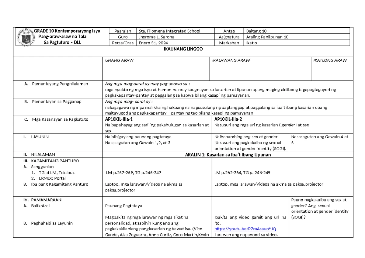 LE-Q3-W7 - Araling Panlipunan 10 Lesson Plan on Gender Equality - Studocu
