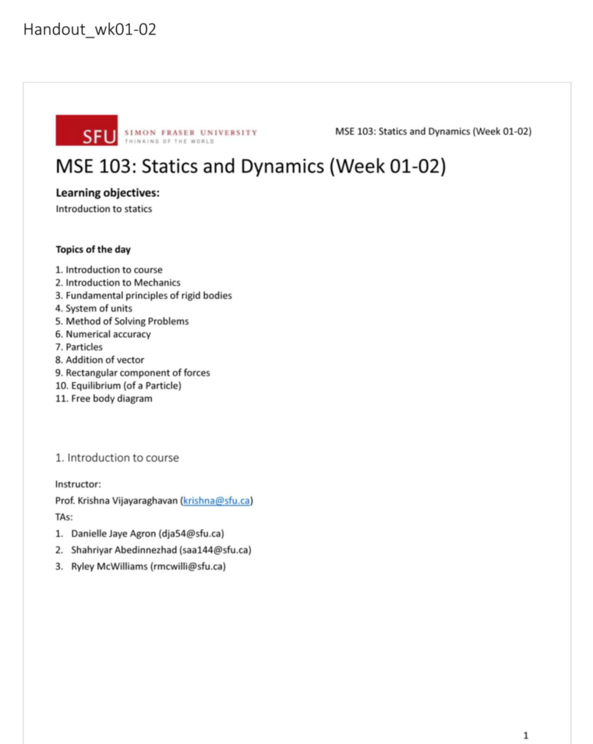 SFU MSE 103: Statics and Dynamics Week 01 Lecture Notes and Summary ...