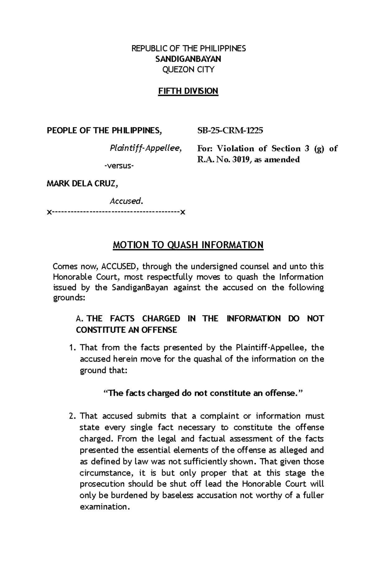 Motion to Quash Information - People of the Philippines vs. Mark Dela ...