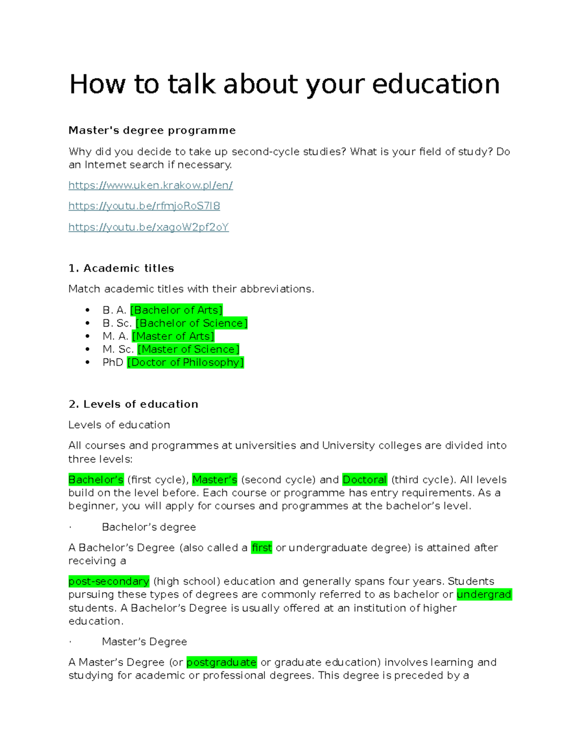 Angielski-moodle Final - How to talk about your education Master's ...