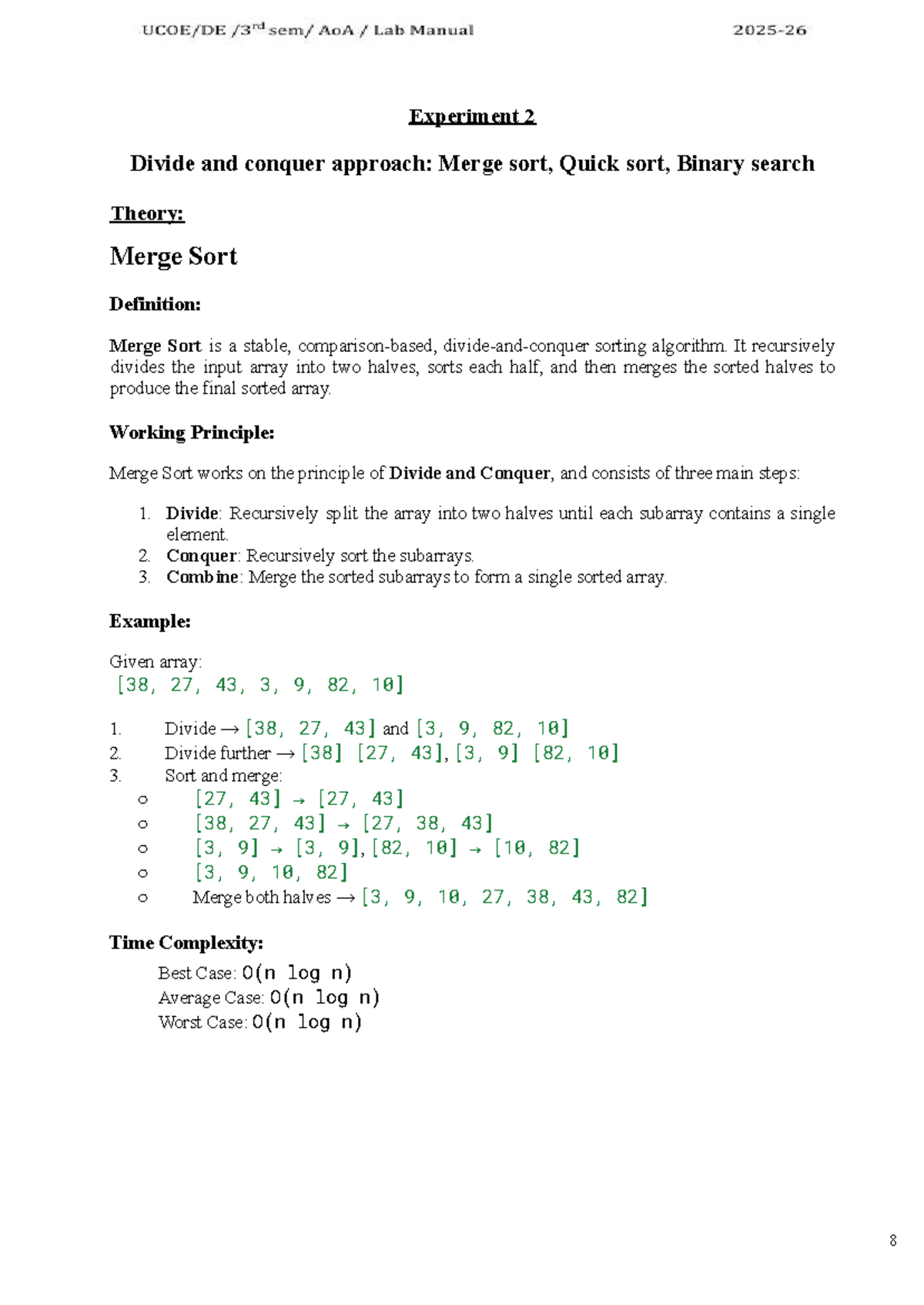 Experiment 2: Divide and Conquer - Merge Sort, Quick Sort, Binary ...