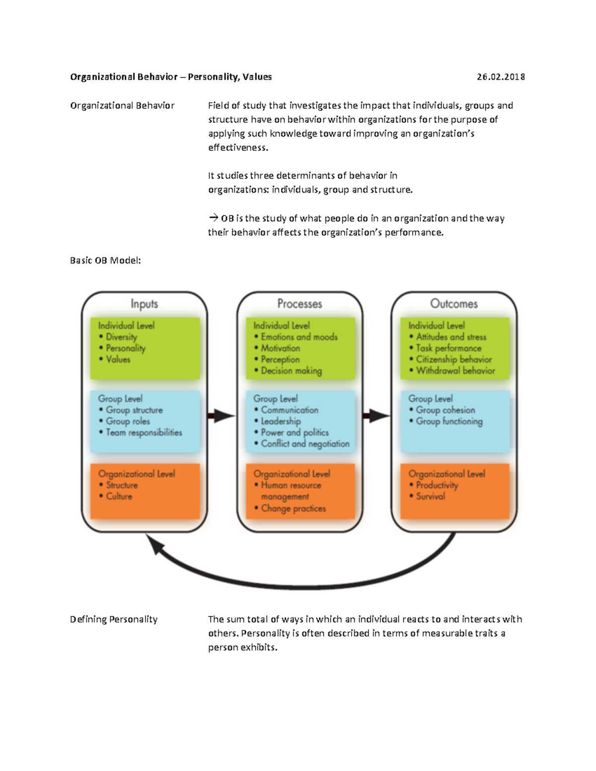 Summary of OB Course: Personality and Values - Key Insights and ...