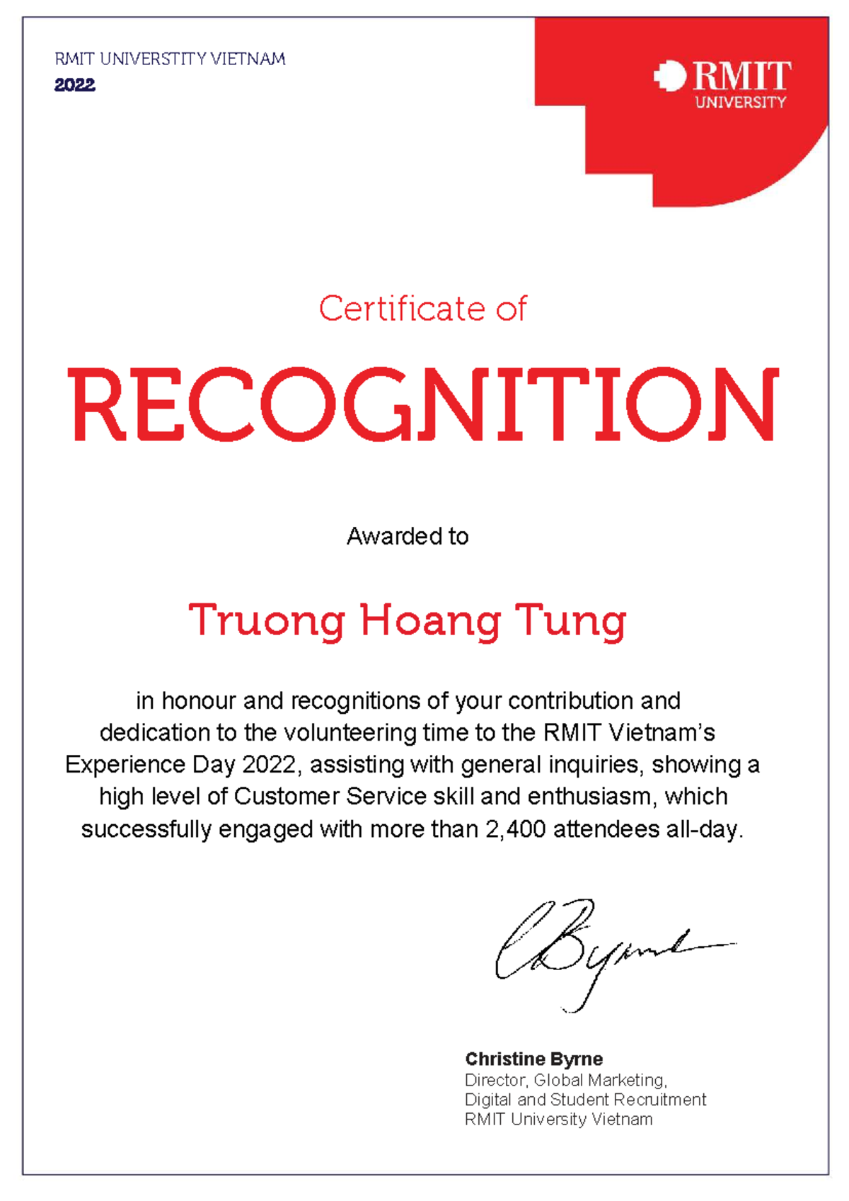 Certificate OF Recognition RED Volunteer 102 - RMIT Classification ...