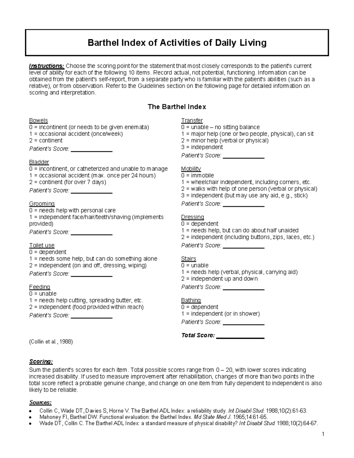 Barthel Index ADLs Scoring Instructions and Guidelines - Studocu