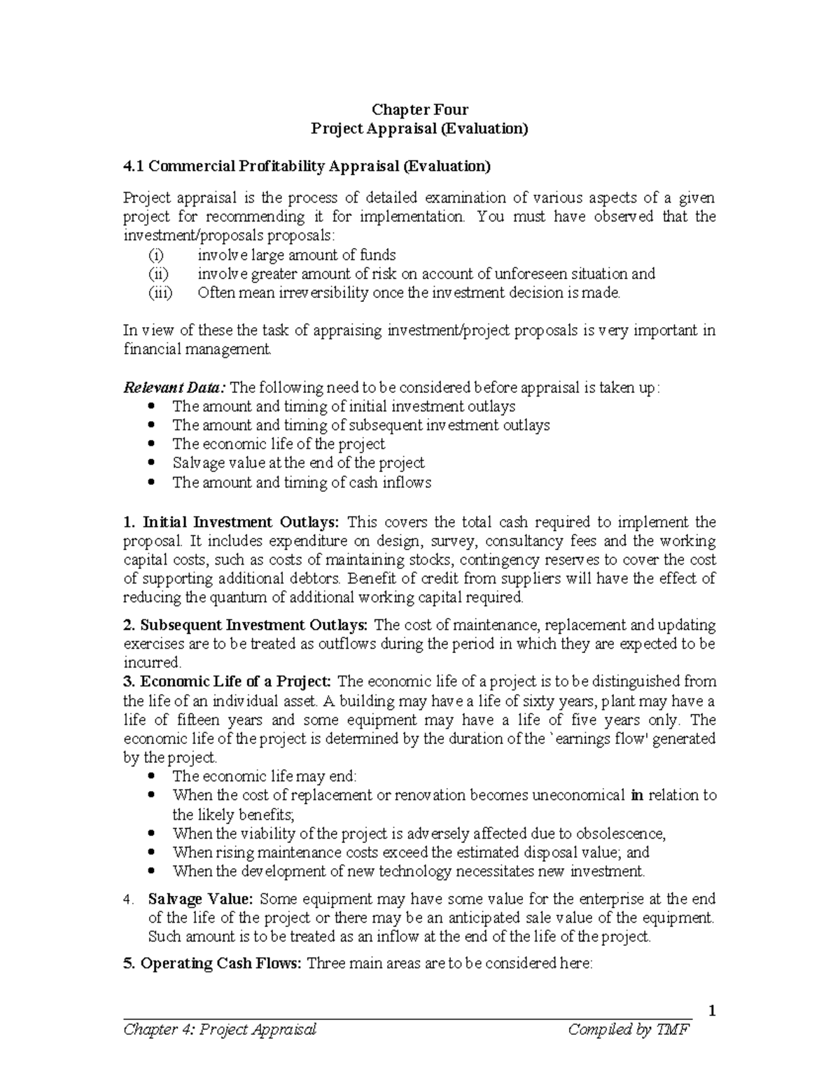 Chapter 4: Project Appraisal & Evaluation Techniques (CFA 101) - Studocu