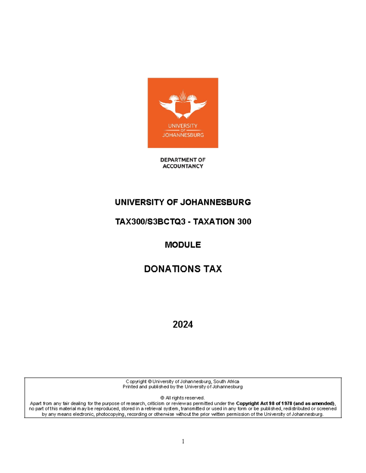 Donations Tax Module 2024 - UNIVERSITY OF JOHANNESBURG TAX300/S3BCTQ3 ...