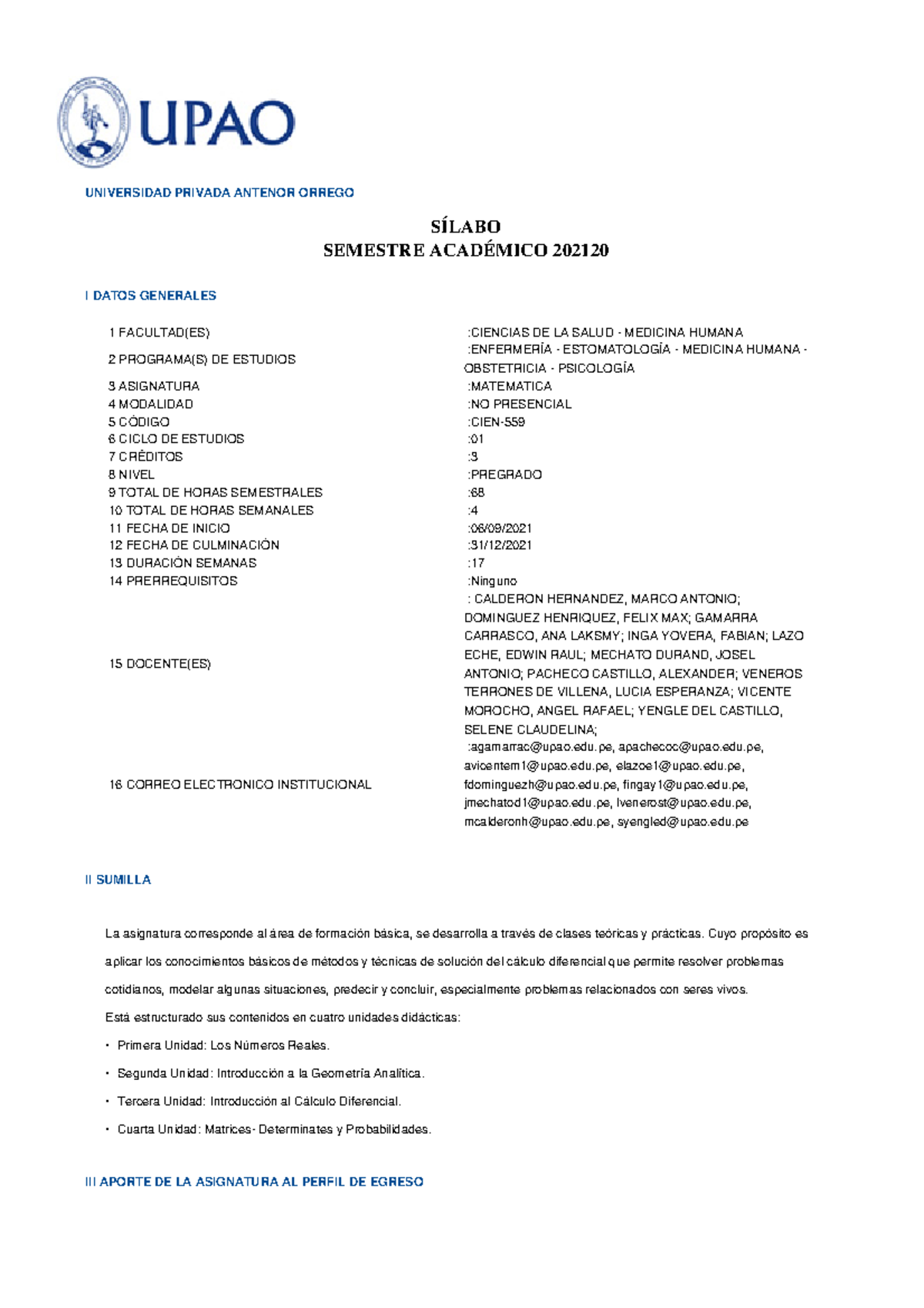 Sílabo Matemática CIEN - Matemática para Medicina UPAO Ciclo I - Document Preview