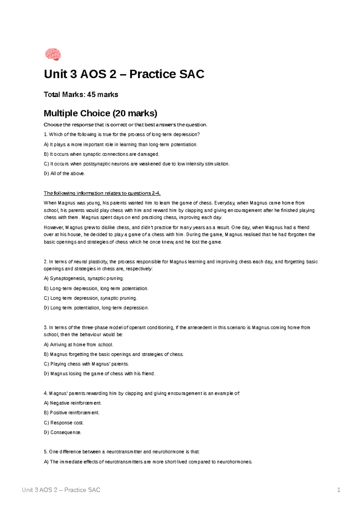 Unit 3 AOS 2 Practice SAC: Learning, Memory, and Conditioning Concepts ...