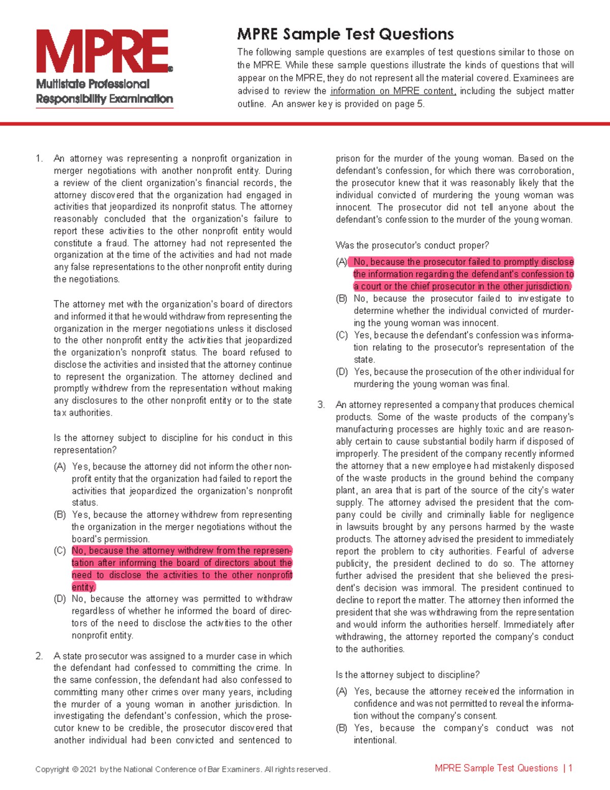 MPRE Sample Test Questions: Practice for Multistate Professional ...