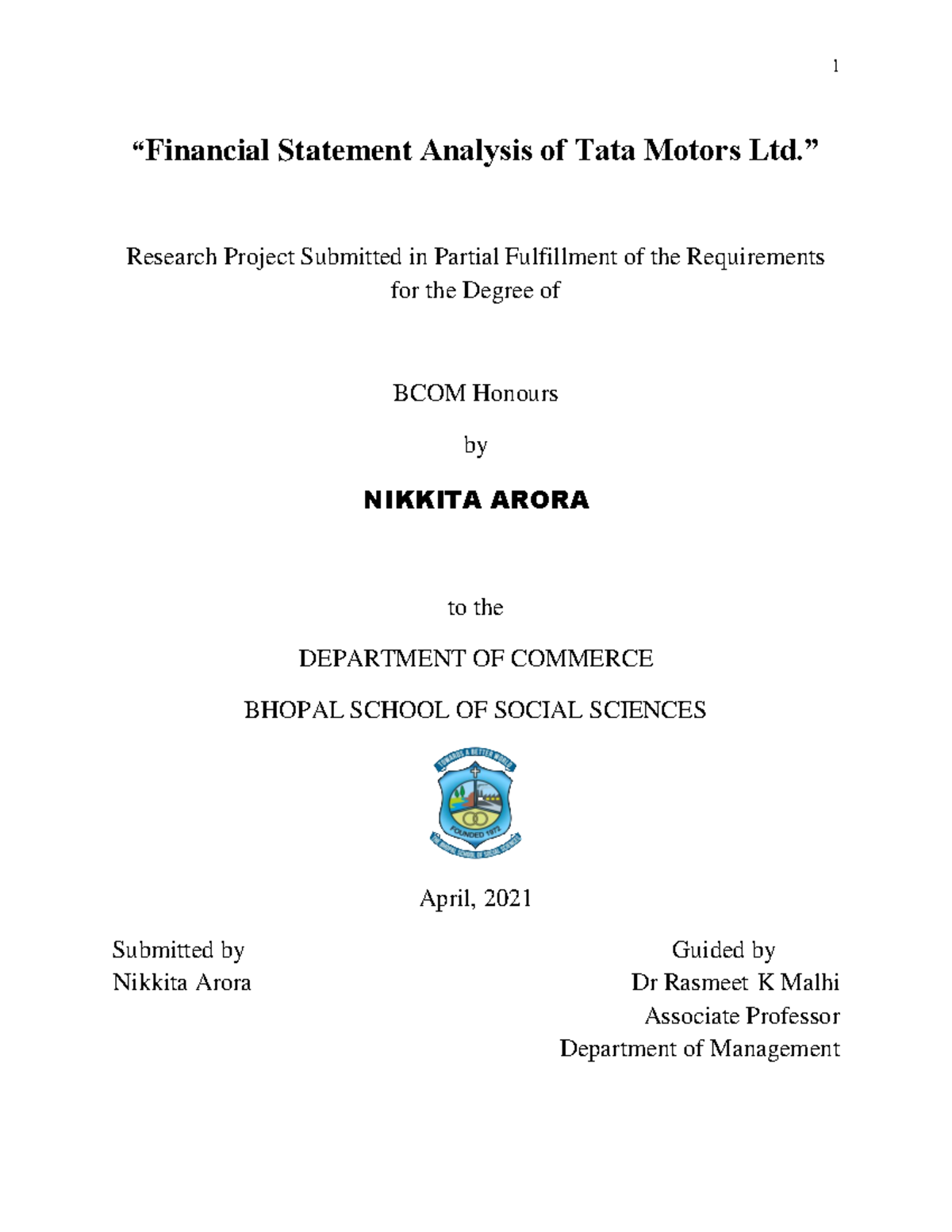 172 BCOM Project - Financial Statement Analysis of Tata Motors Ltd ...