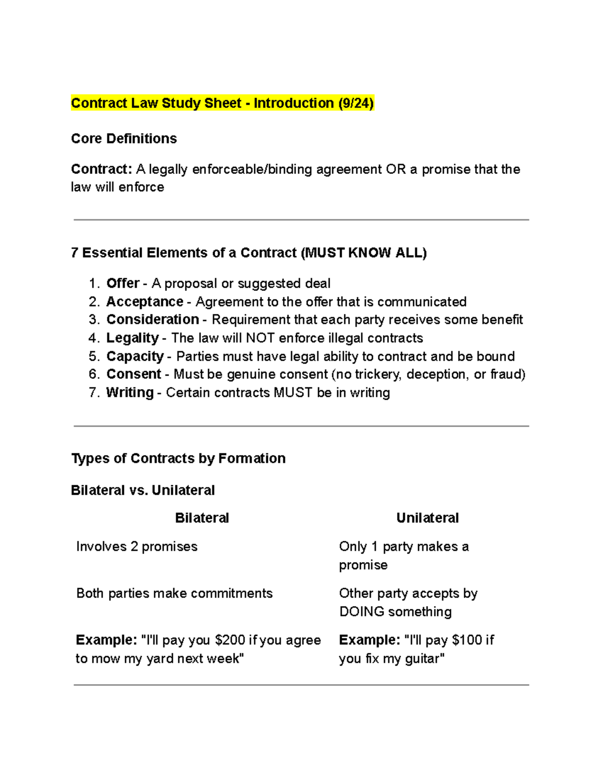 Contract Law Study Sheet: Key Concepts & Exam Prep for Law 101 - Studocu