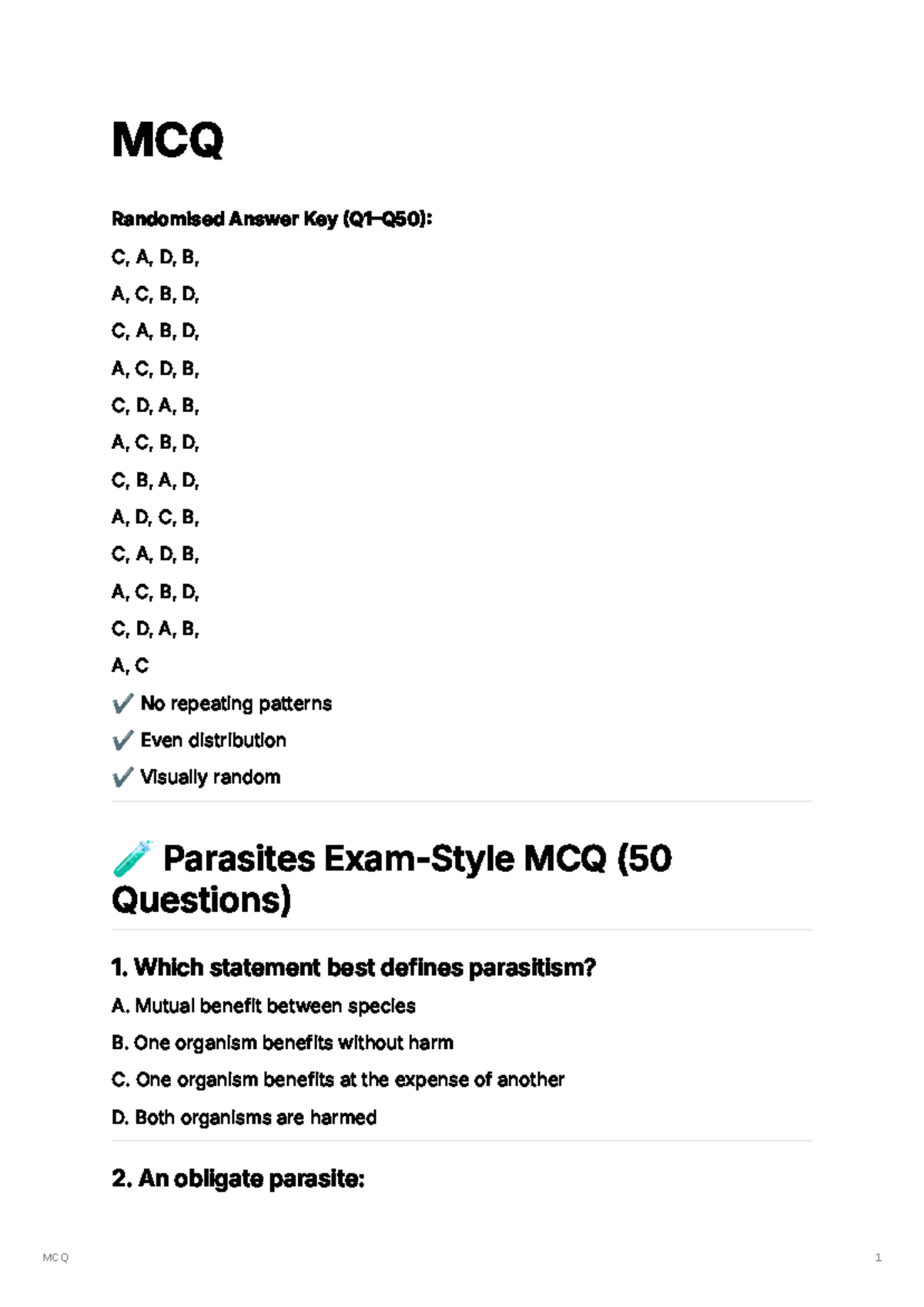 Parasites MCQ Answer Key & Study Guide (50 Questions) - Studocu