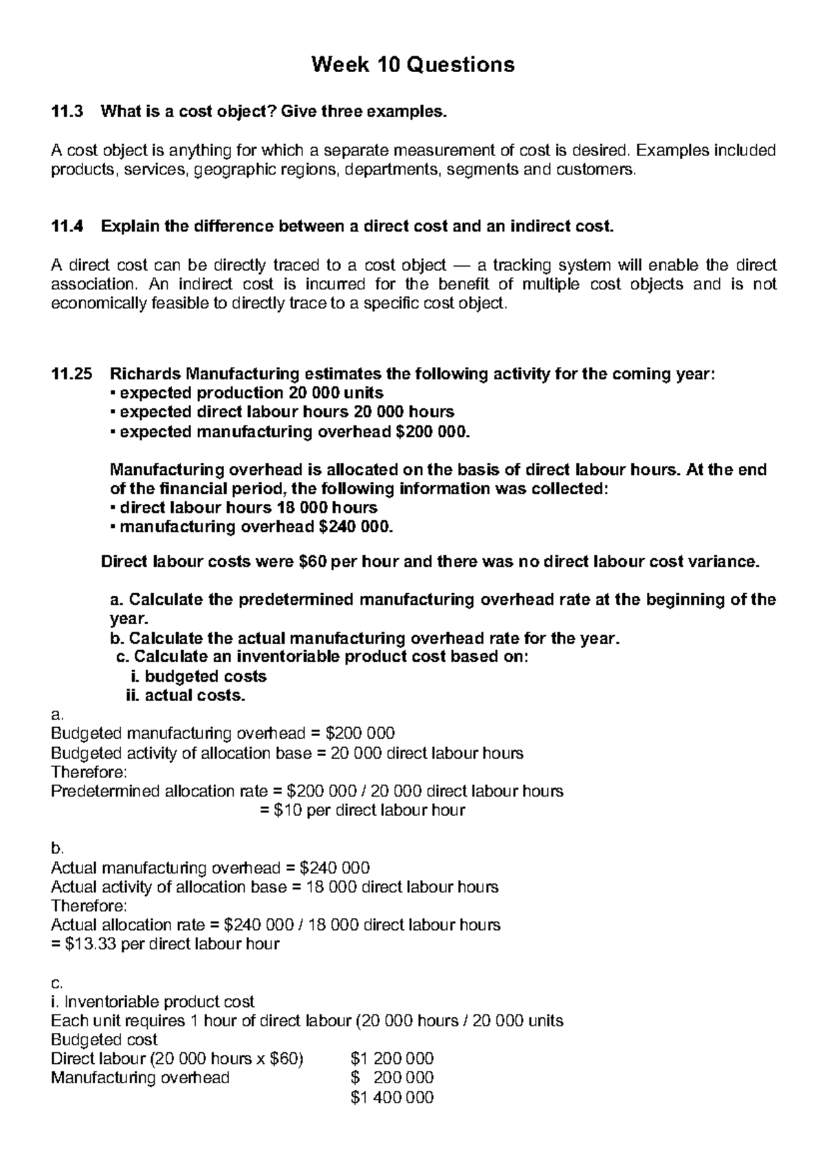 Week 10 Cost Accounting Questions & Answers (ACC 101) - Studocu