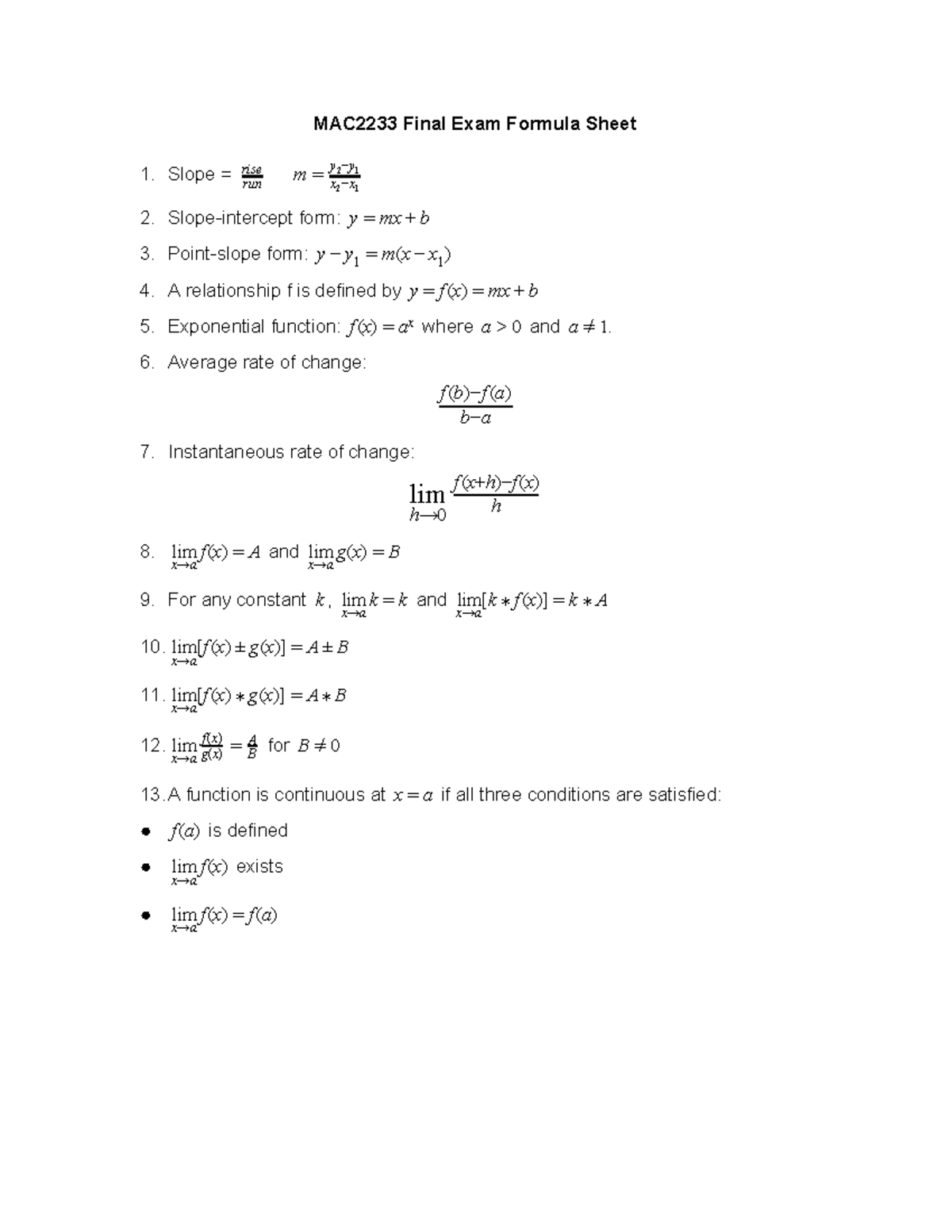 MAC2233 Final Exam Formula Sheet: Essential Math Concepts and Rules ...