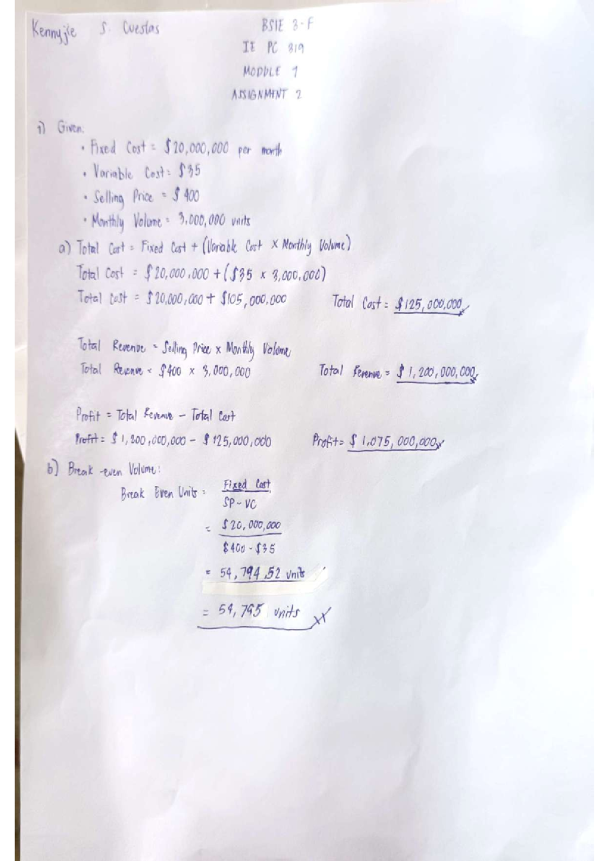 BSIE 3.F IE PC 319 MODULE 1 ASSIGNMENT 2: Cost Analysis & Break-Even ...
