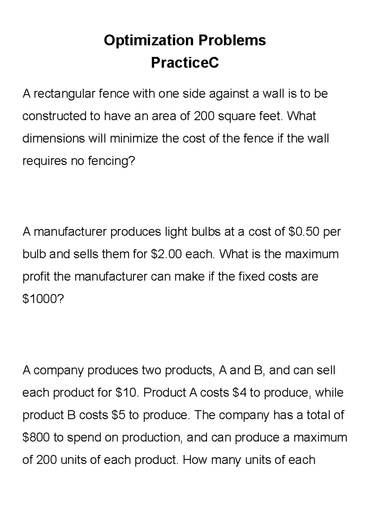 Optimization Problems Practice C: Maximizing Cost & Profit Solutions ...