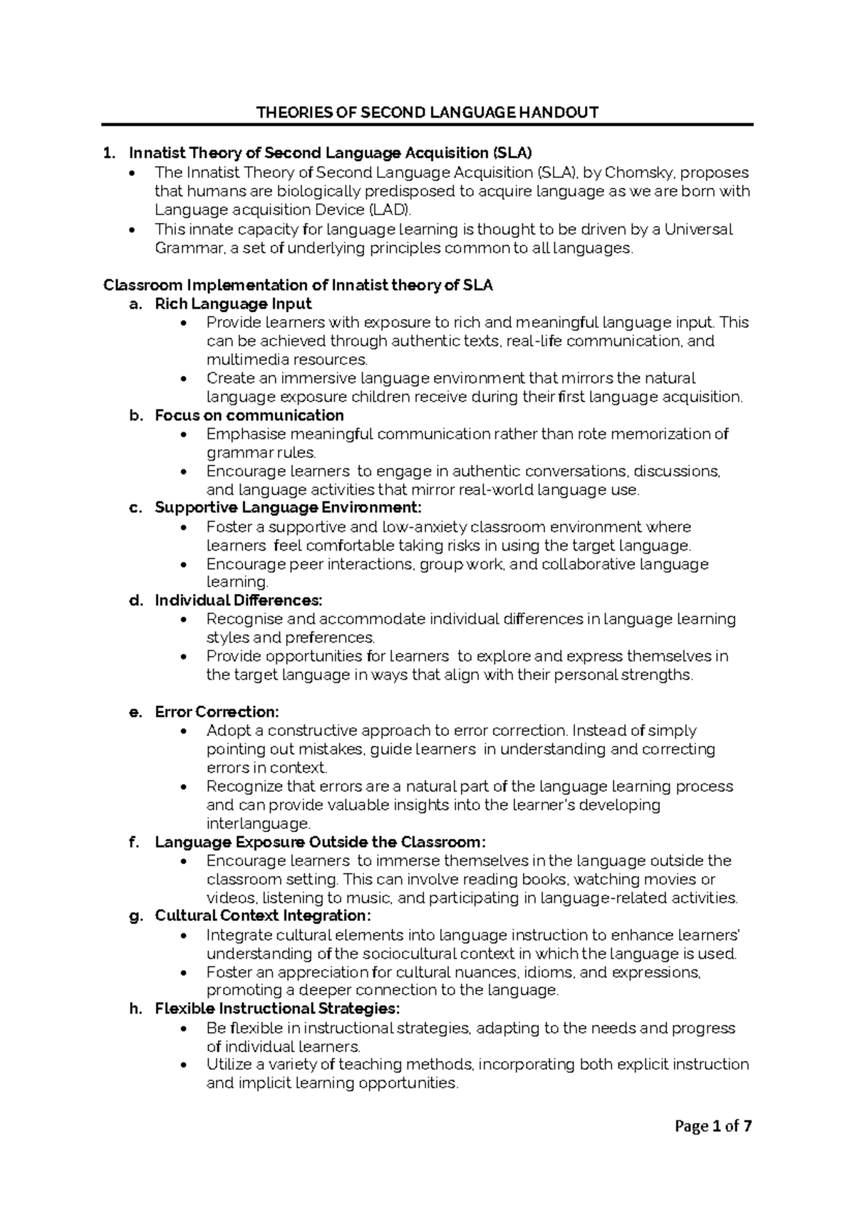 SLA 101: Theories of Second Language Acquisition - Week 1 Handout - Studocu