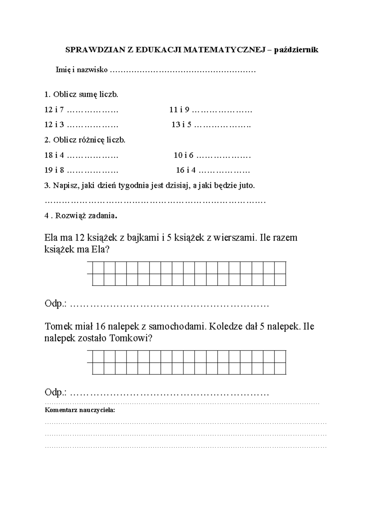 Sprawdzian Z Edukacji Matematycznej klasa II - SPRAWDZIAN Z EDUKACJI